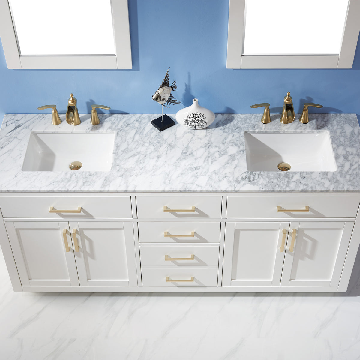 Bianco 60 Double Bathroom Vanity in Light Brown with Brushed Gold Support Base and White Composite Stone Countertop Without Mirror