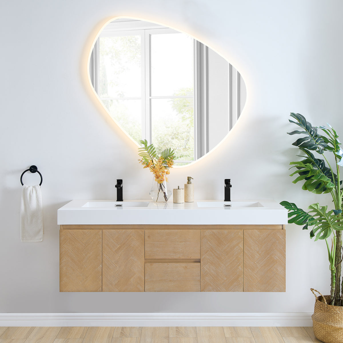 Siena 60" Wallmounted Double Bathroom Vanity with White Artificial Dr