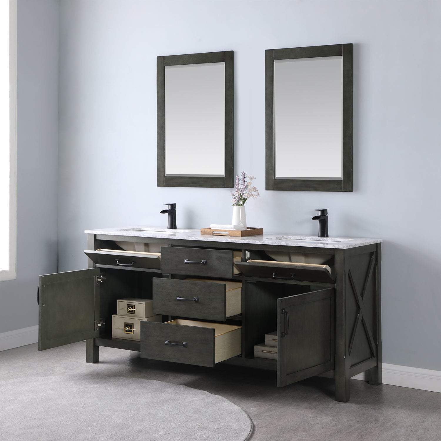Maribella 72" Double Bathroom Vanity Set with Carrara White Marble Countertop