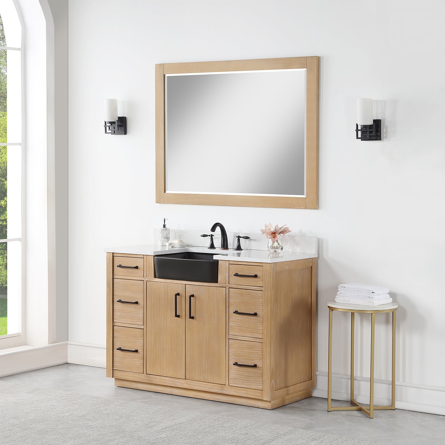 Novago 48" Single Bathroom Vanity Set with Composite Aosta White Stone Countertop and Farmhouse Sink