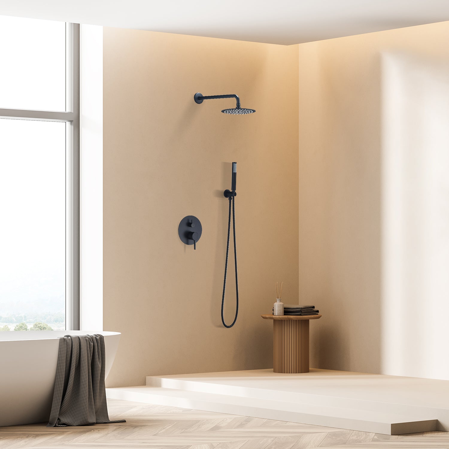 Herne Complete Shower System with Rough-In Valve with 8 In. Round Rain Shower Head