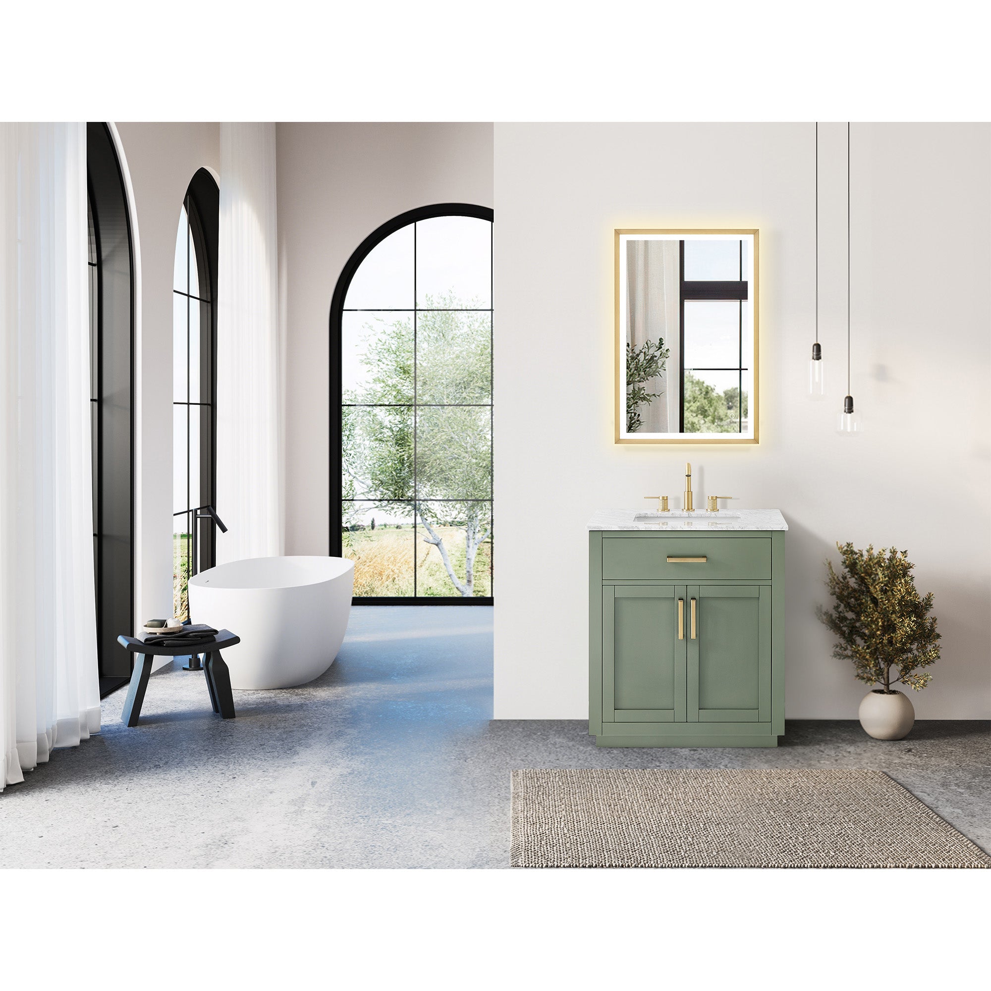 Ivy Bathroom Vanity Set in Vintage Green and Carrara White Marble Countertop No Mirror