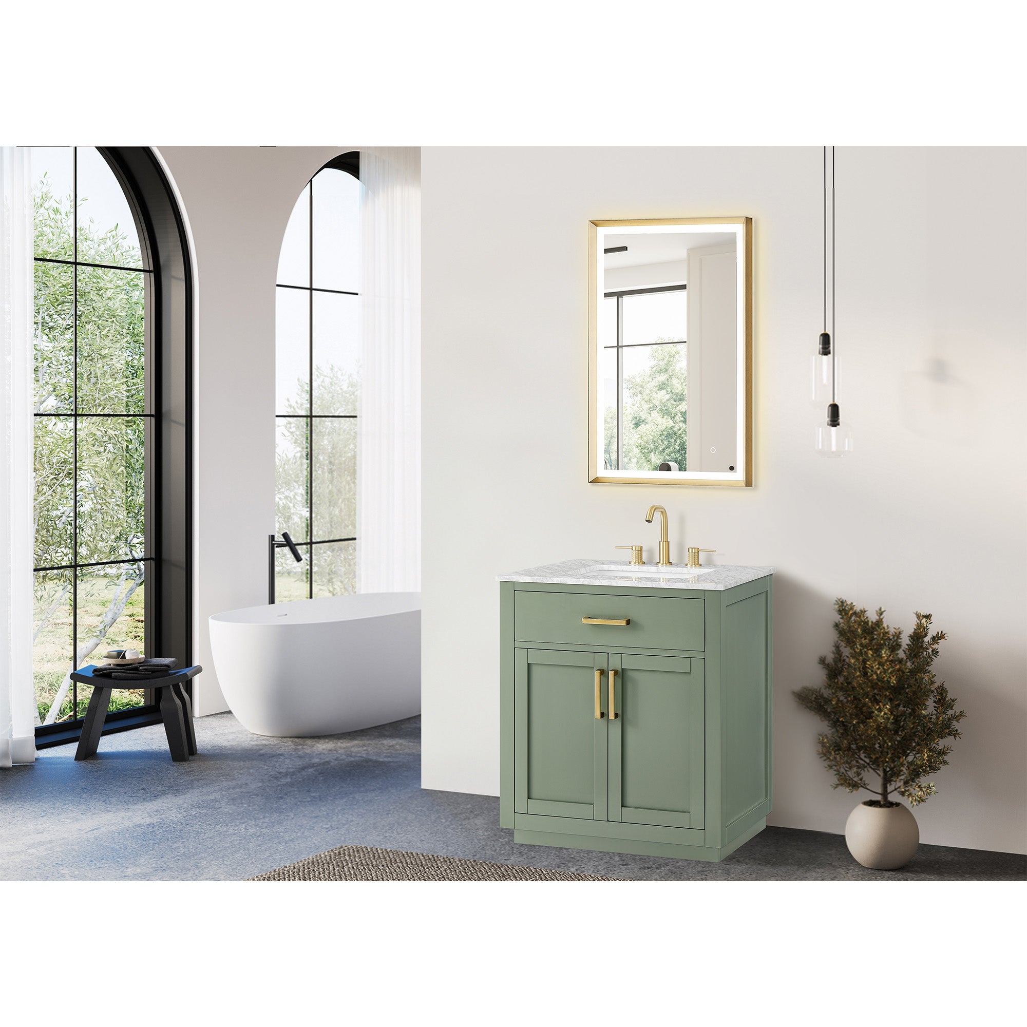 Ivy Bathroom Vanity Set in Vintage Green and Carrara White Marble Countertop No Mirror