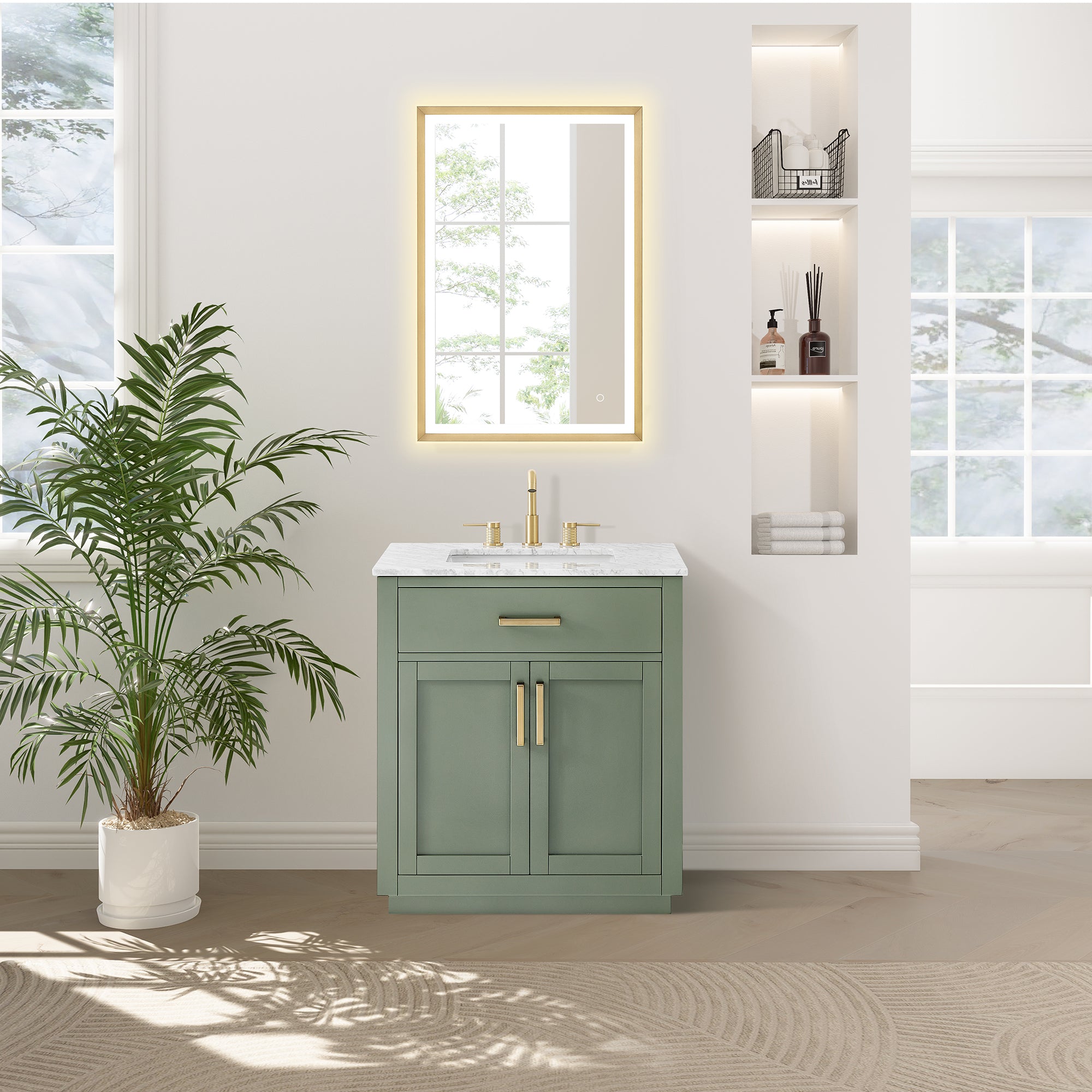 Ivy Bathroom Vanity Set in Vintage Green and Carrara White Marble Countertop No Mirror