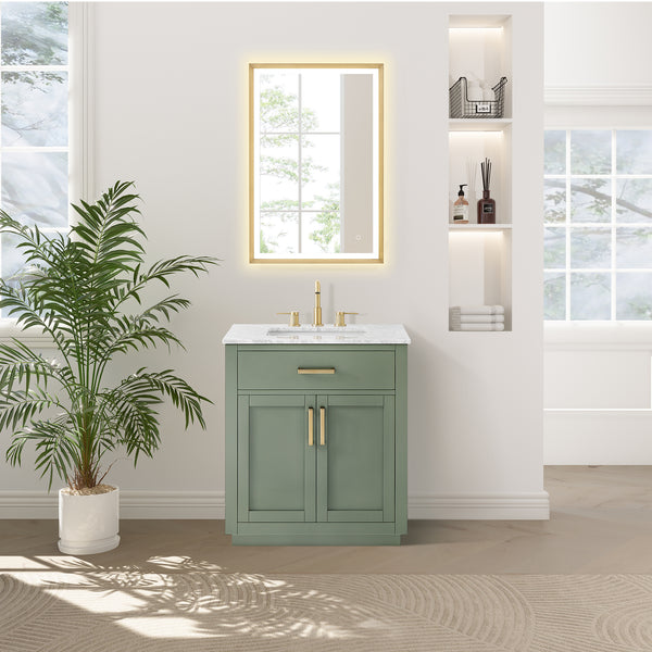 Ivy Bathroom Vanity Set in Vintage Green and Carrara White Marble Countertop No Mirror