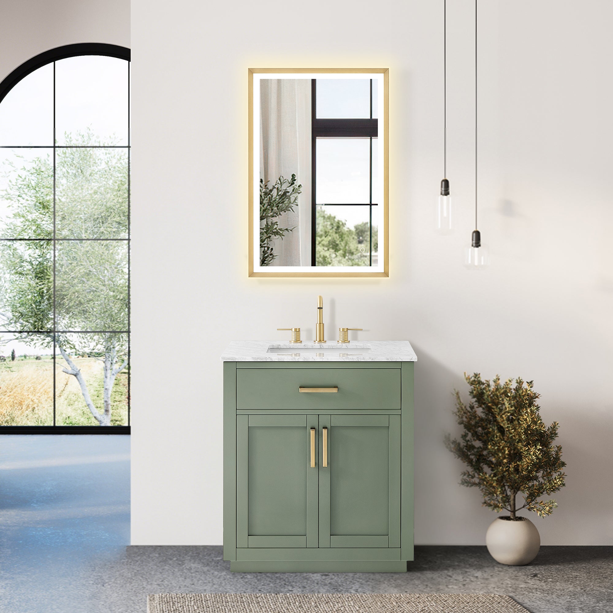 Ivy Bathroom Vanity Set in Vintage Green and Carrara White Marble Countertop No Mirror