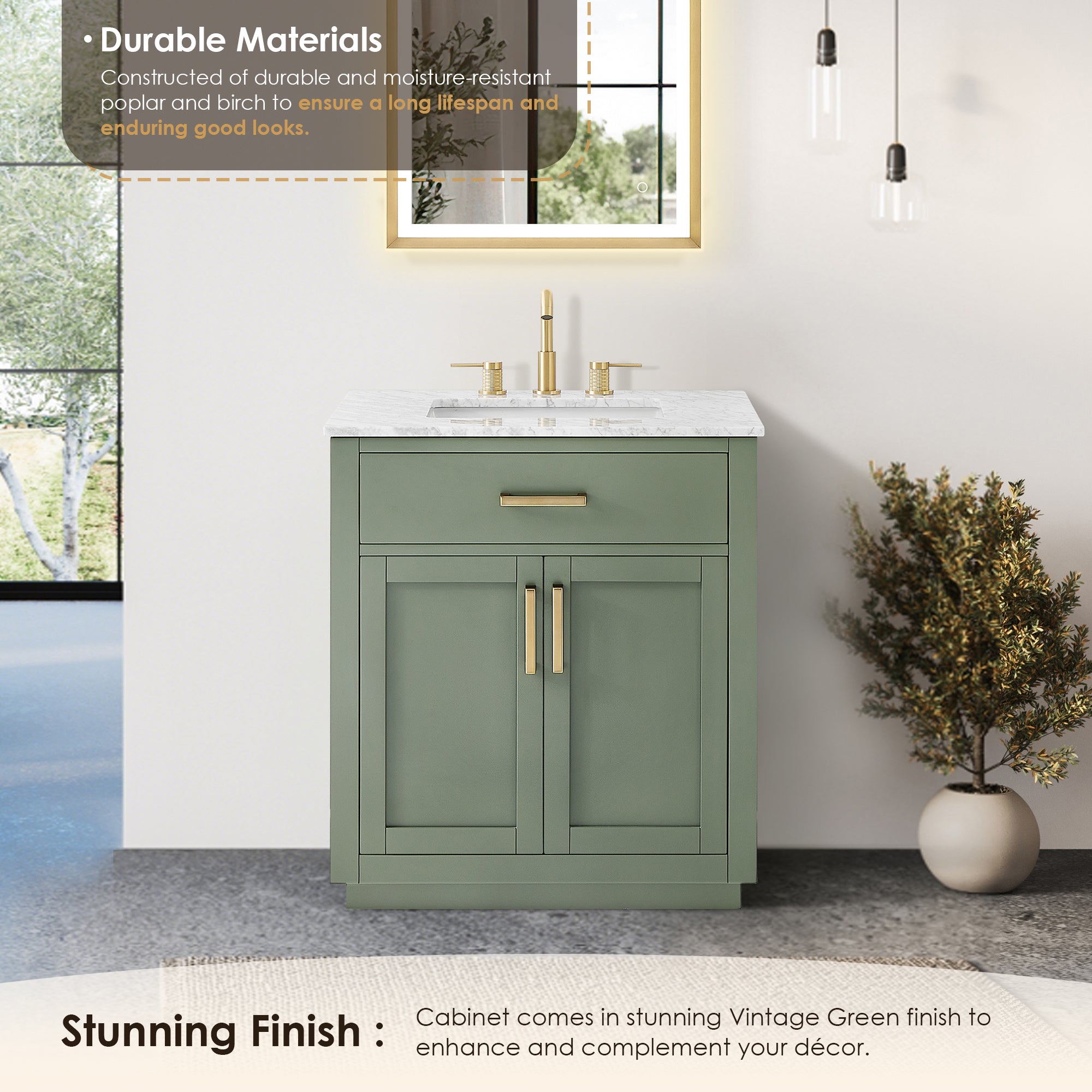 Ivy Bathroom Vanity Set in Vintage Green and Carrara White Marble Countertop No Mirror