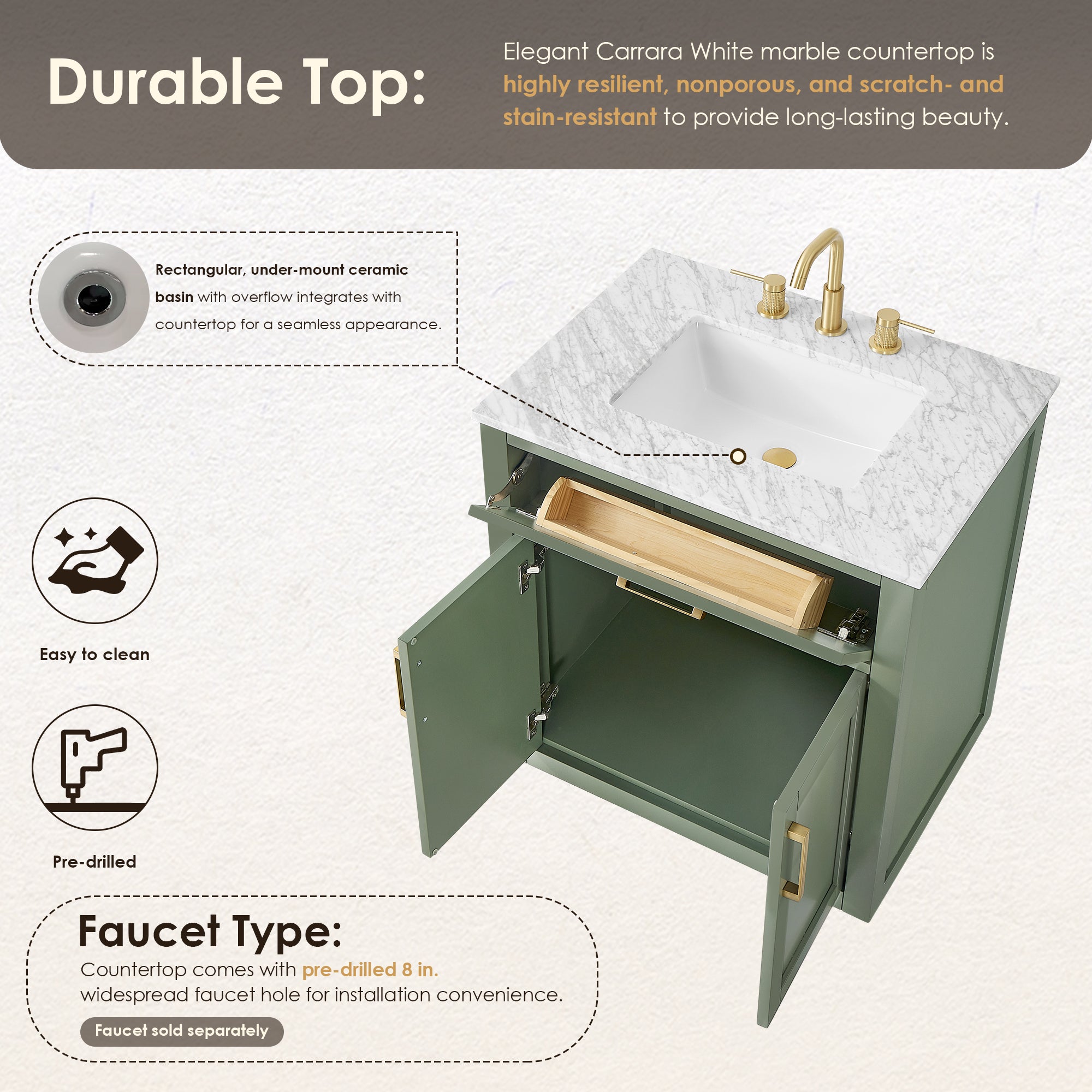 Ivy Bathroom Vanity Set in Vintage Green and Carrara White Marble Countertop No Mirror