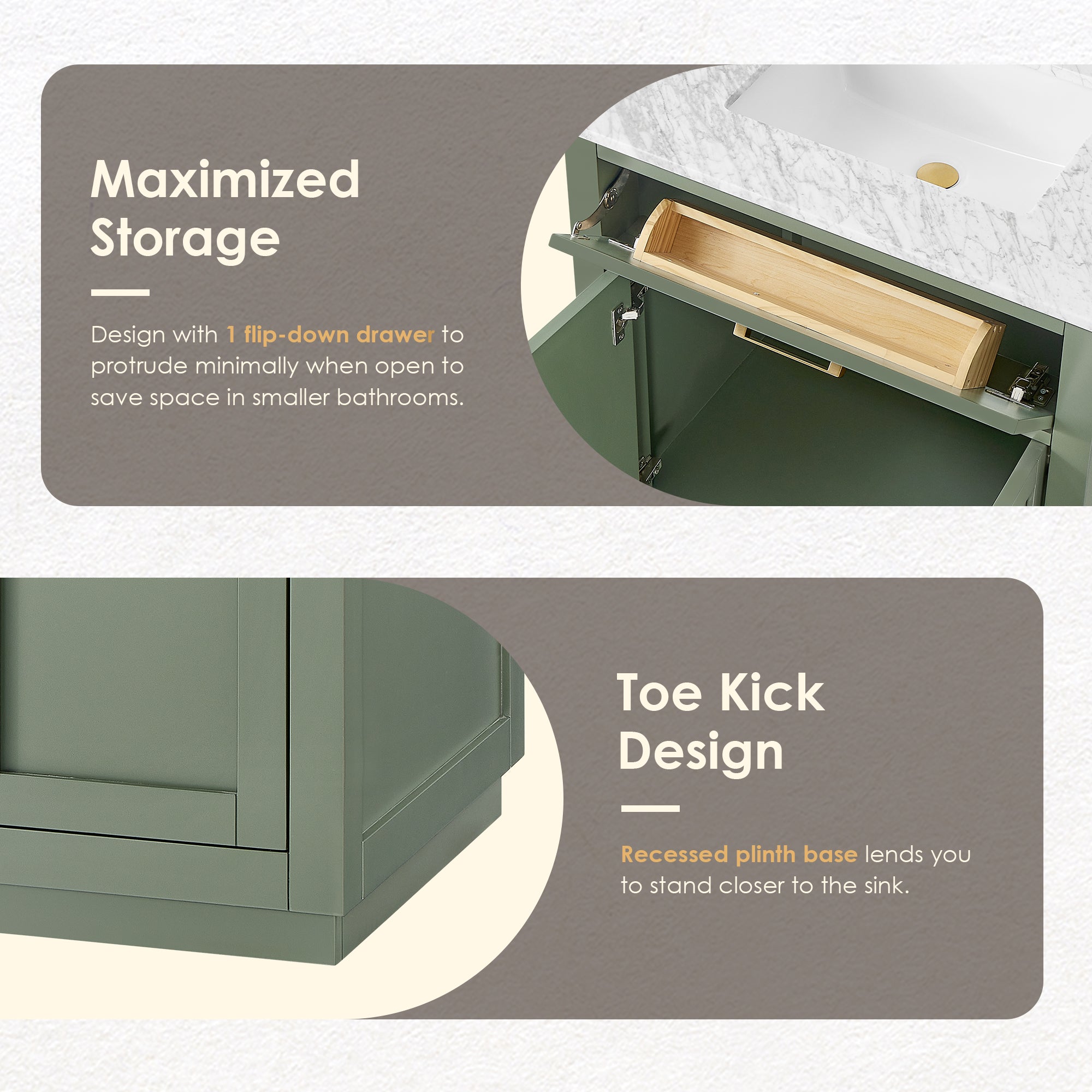 Ivy Bathroom Vanity Set in Vintage Green and Carrara White Marble Countertop No Mirror