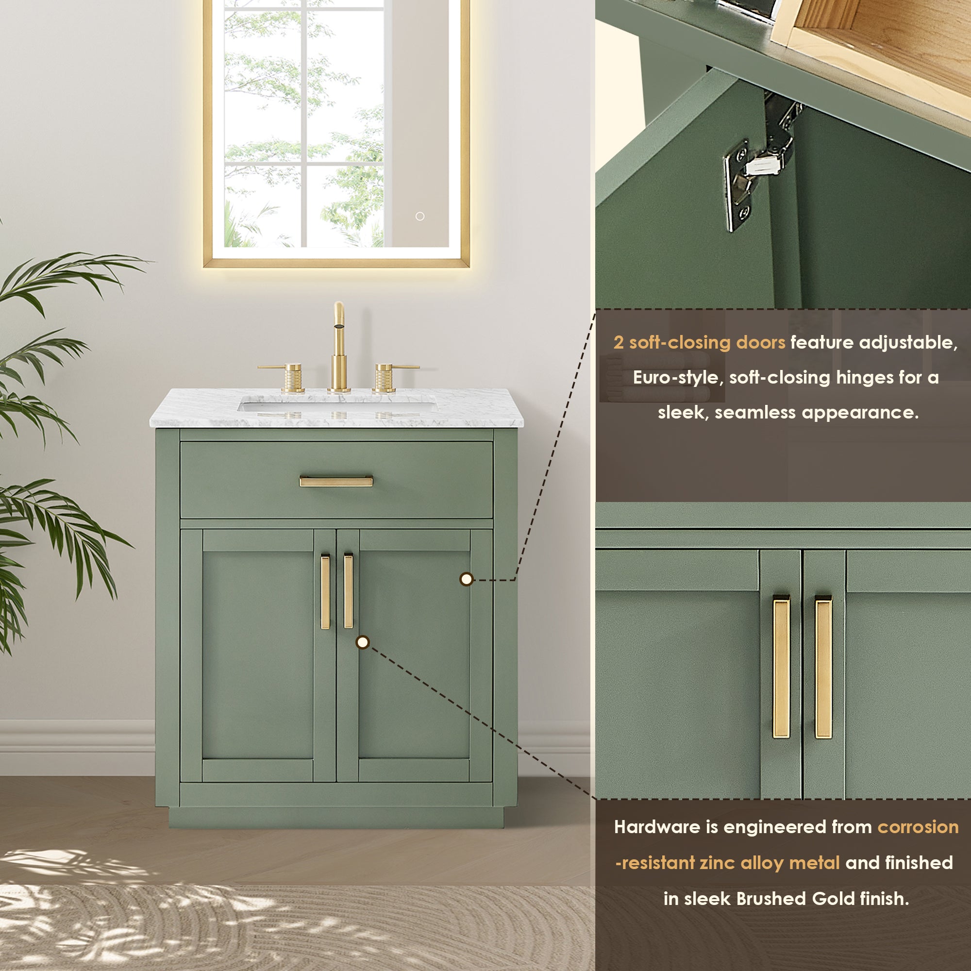 Ivy Bathroom Vanity Set in Vintage Green and Carrara White Marble Countertop No Mirror