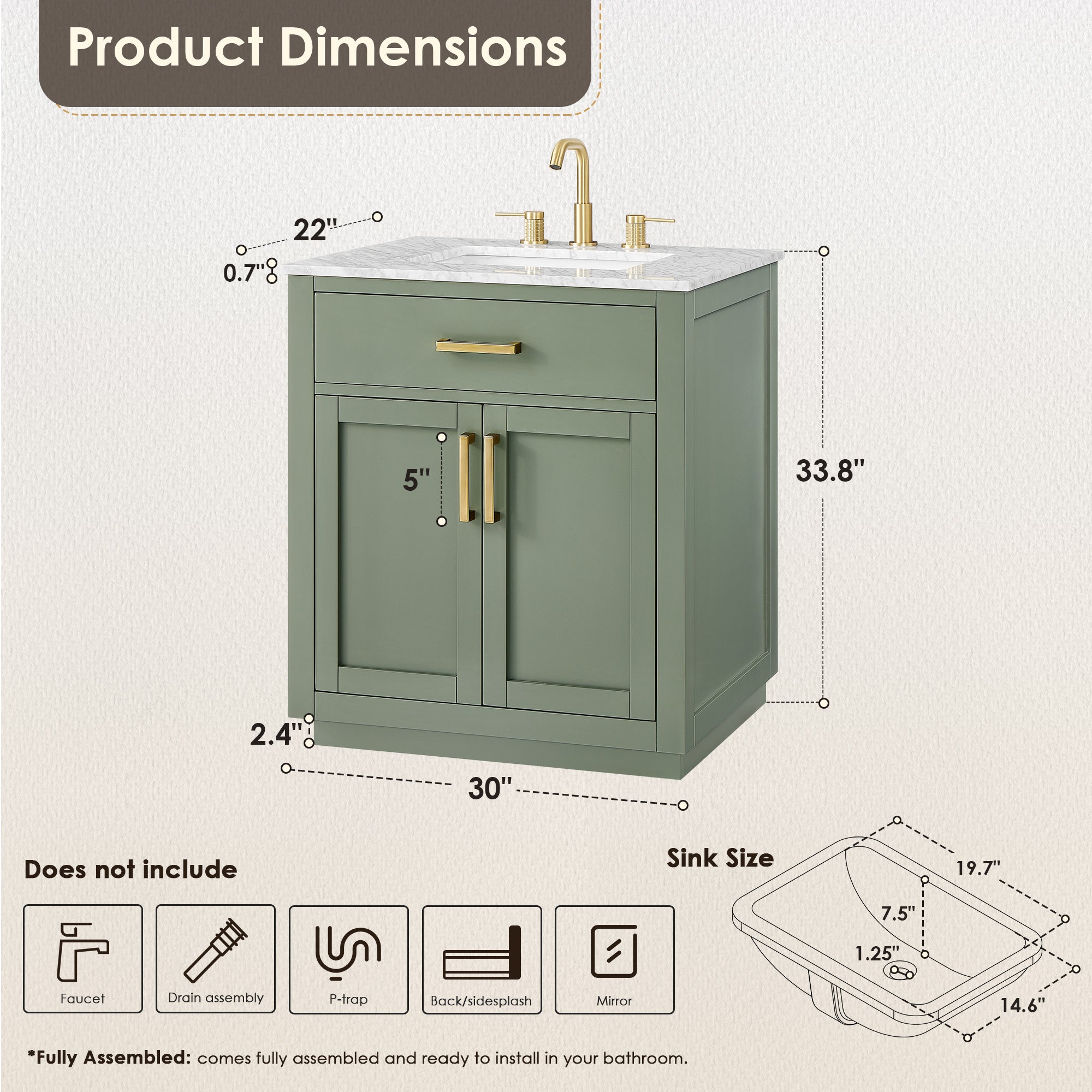 Ivy Bathroom Vanity Set in Vintage Green and Carrara White Marble Countertop No Mirror