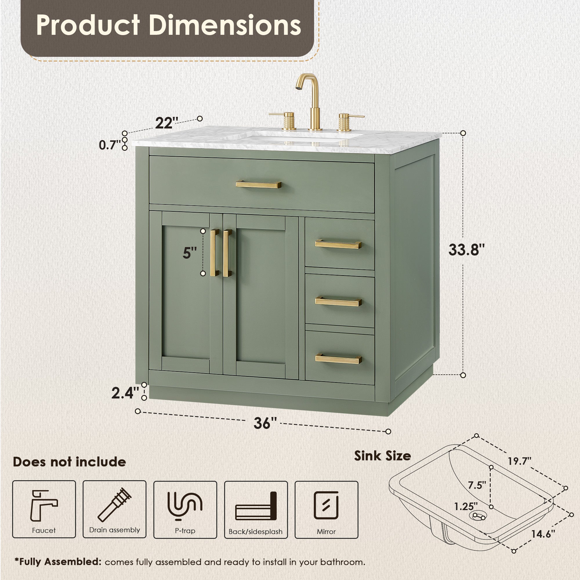 Ivy Bathroom Vanity Set in Vintage Green and Carrara White Marble Countertop No Mirror