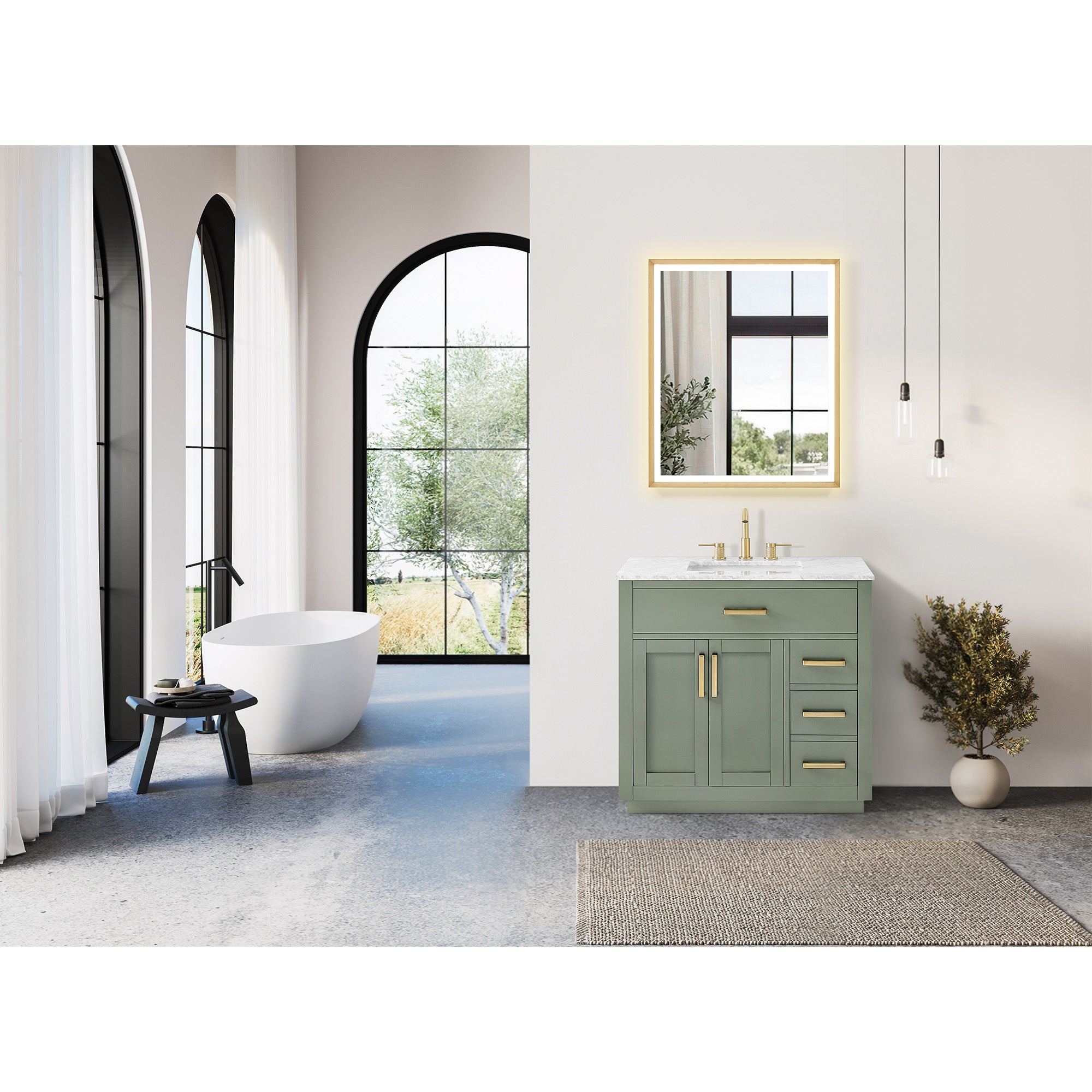 Ivy Bathroom Vanity Set in Vintage Green and Carrara White Marble Countertop No Mirror