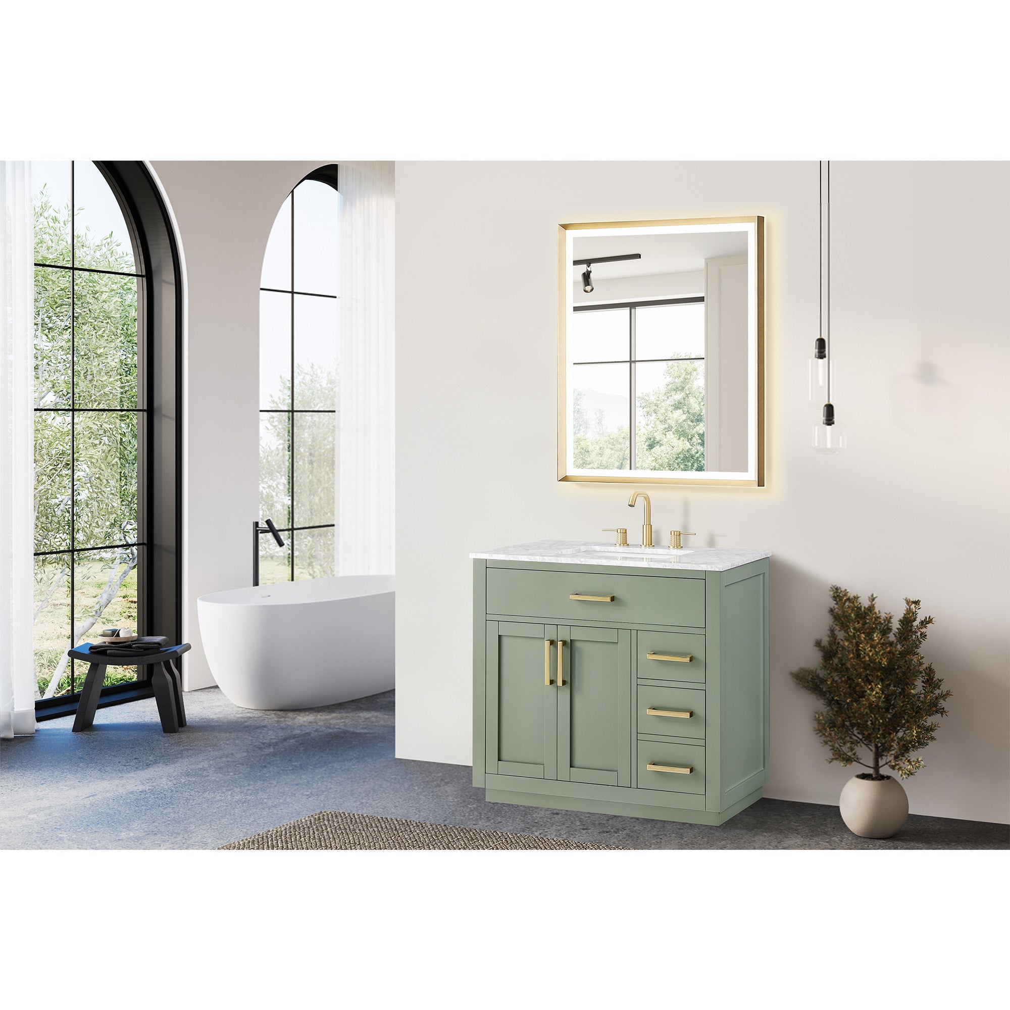 Ivy Bathroom Vanity Set in Vintage Green and Carrara White Marble Countertop No Mirror
