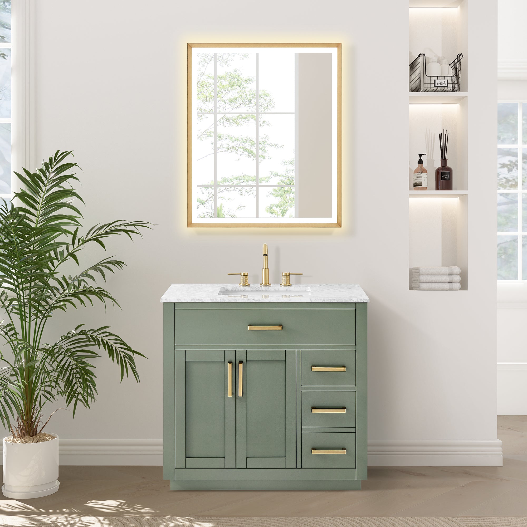 Ivy Bathroom Vanity Set in Vintage Green and Carrara White Marble Countertop No Mirror
