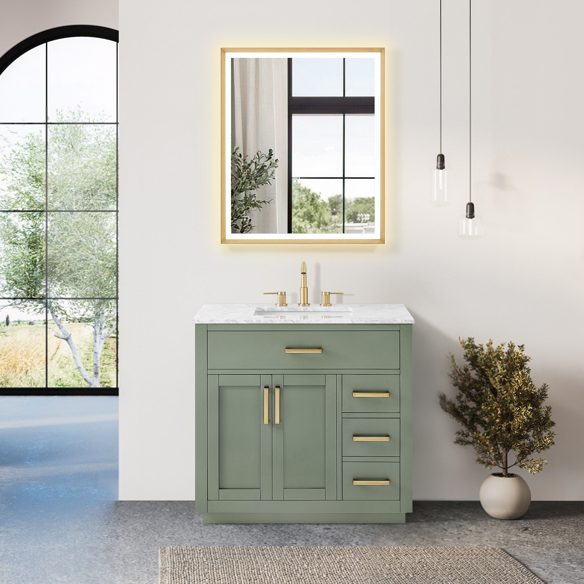 Ivy Bathroom Vanity Set in Vintage Green and Carrara White Marble Countertop No Mirror