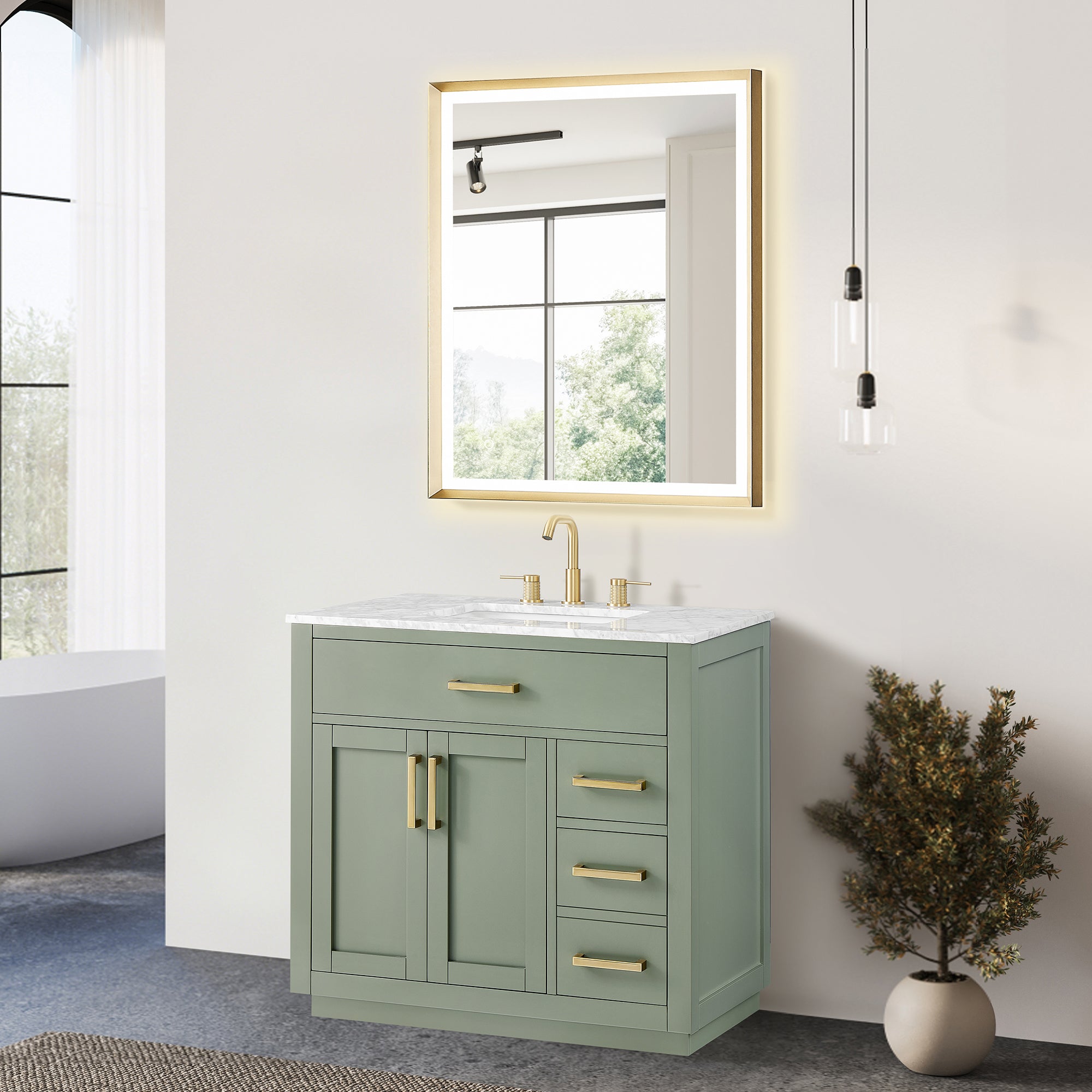 Ivy Bathroom Vanity Set in Vintage Green and Carrara White Marble Countertop No Mirror
