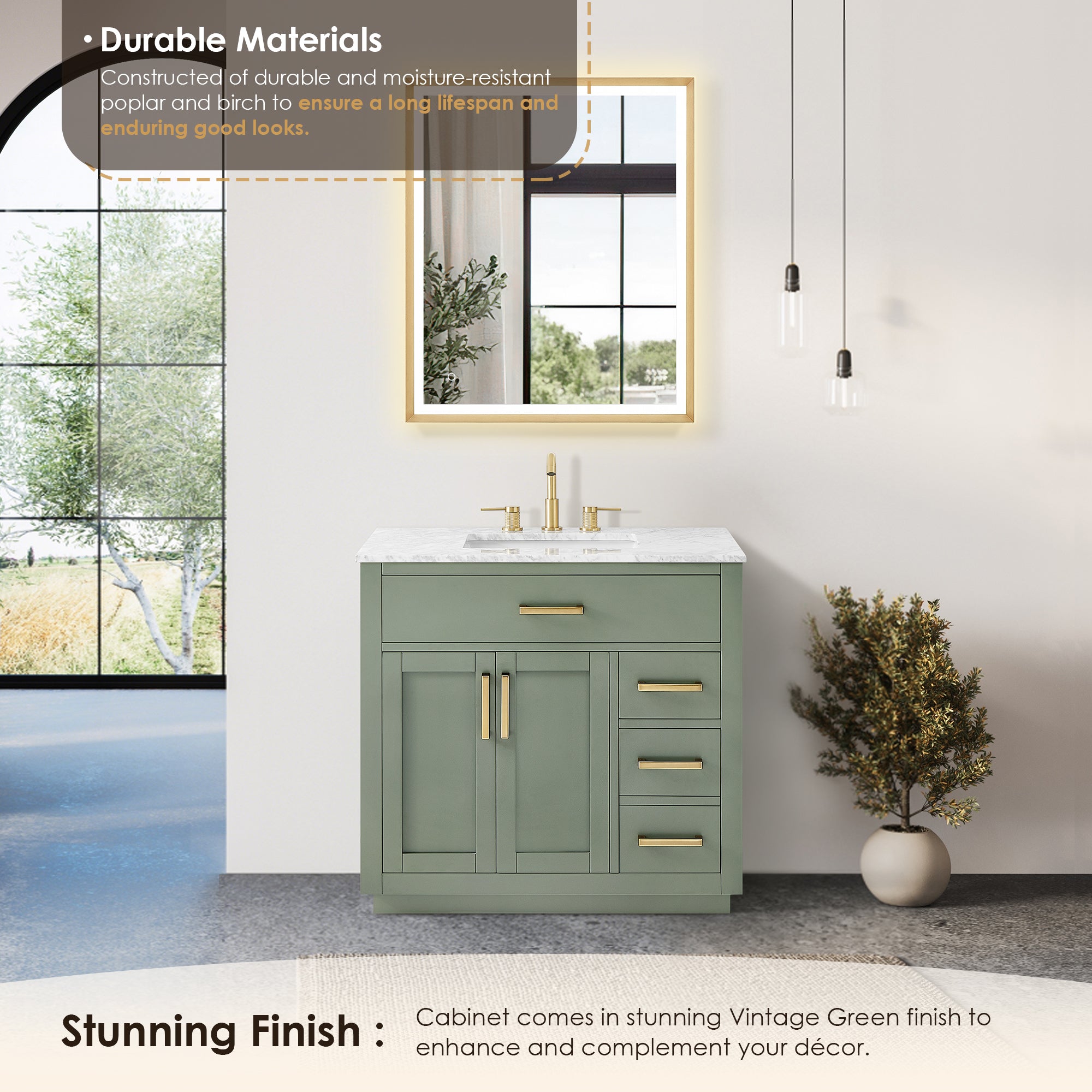 Ivy Bathroom Vanity Set in Vintage Green and Carrara White Marble Countertop No Mirror