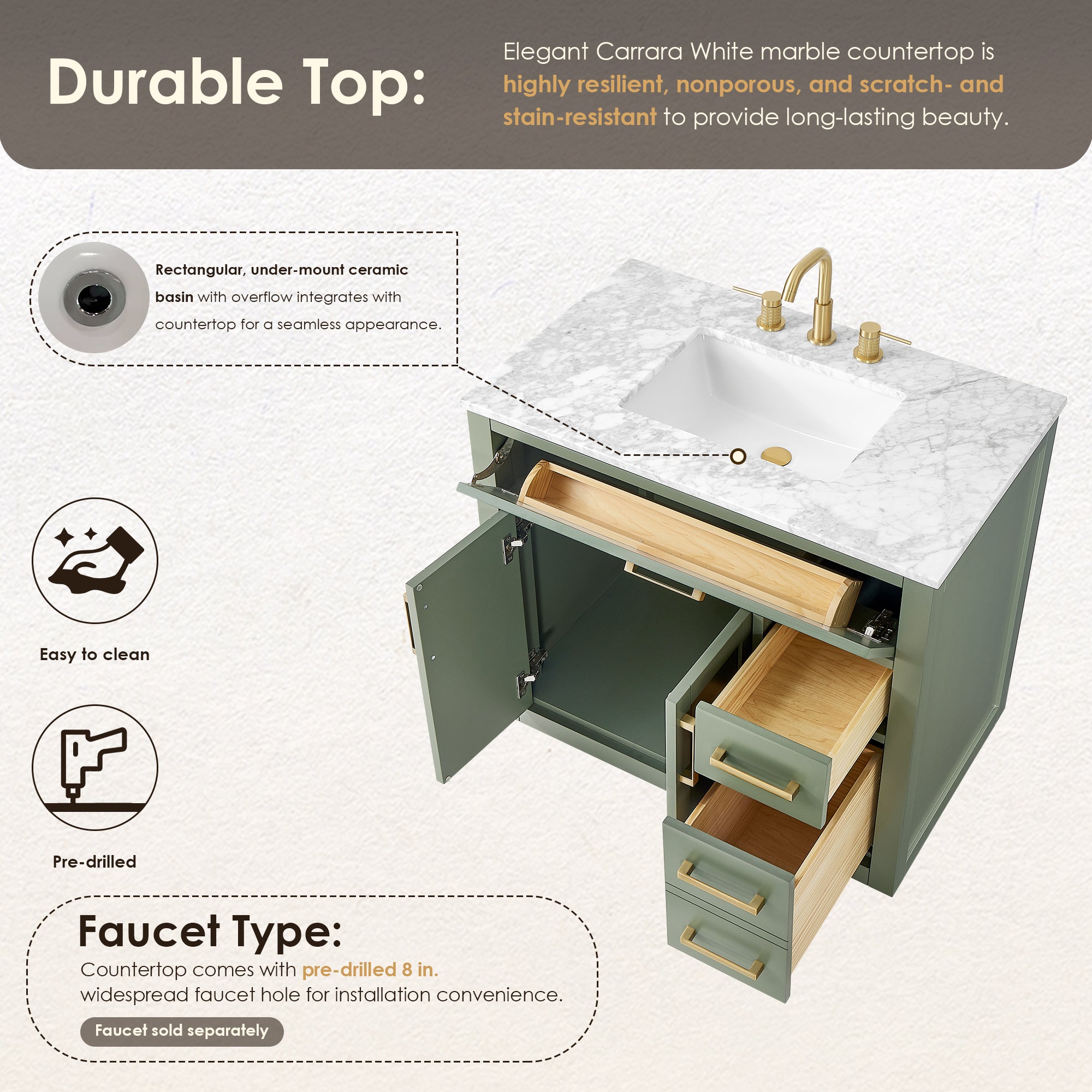 Ivy Bathroom Vanity Set in Vintage Green and Carrara White Marble Countertop No Mirror