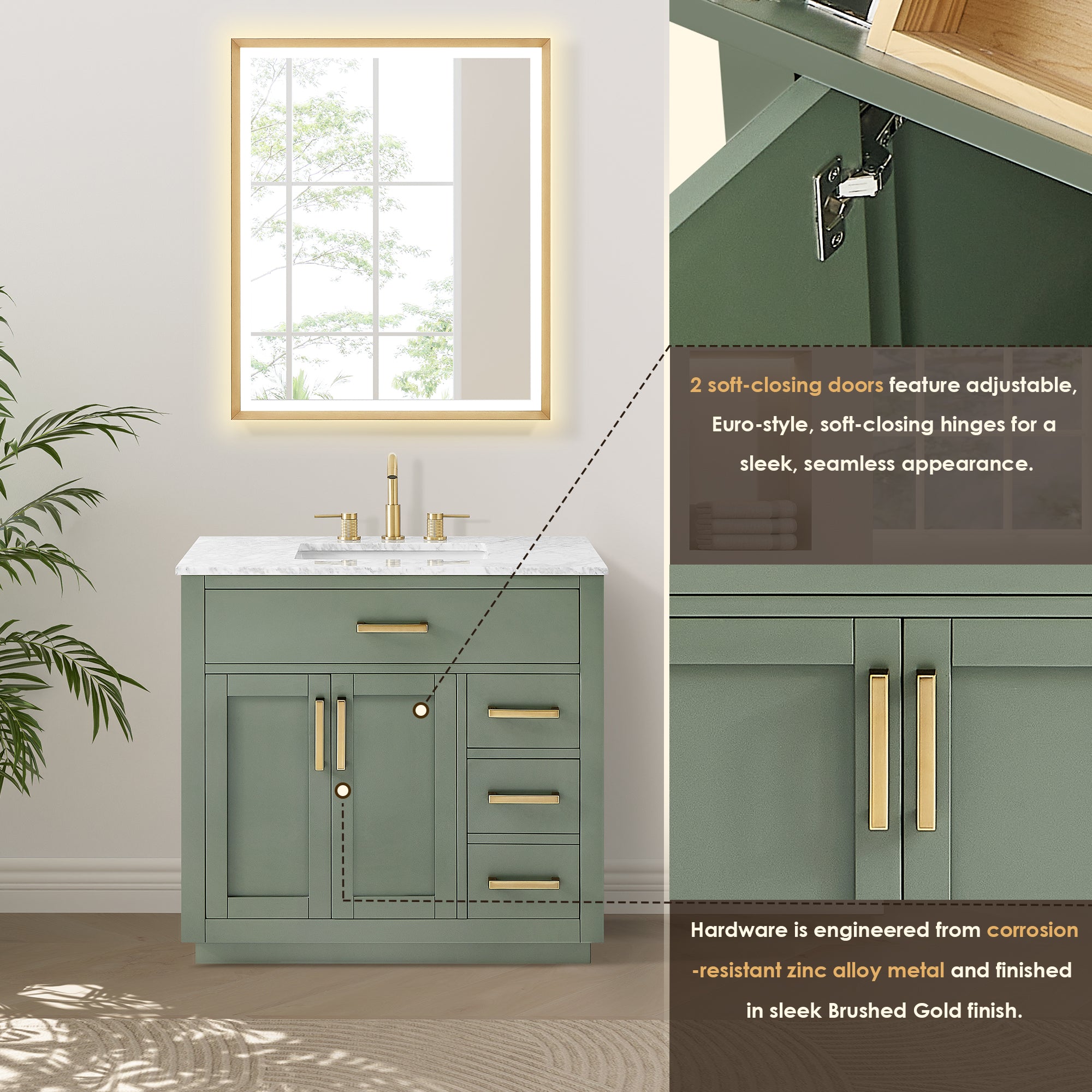Ivy Bathroom Vanity Set in Vintage Green and Carrara White Marble Countertop No Mirror
