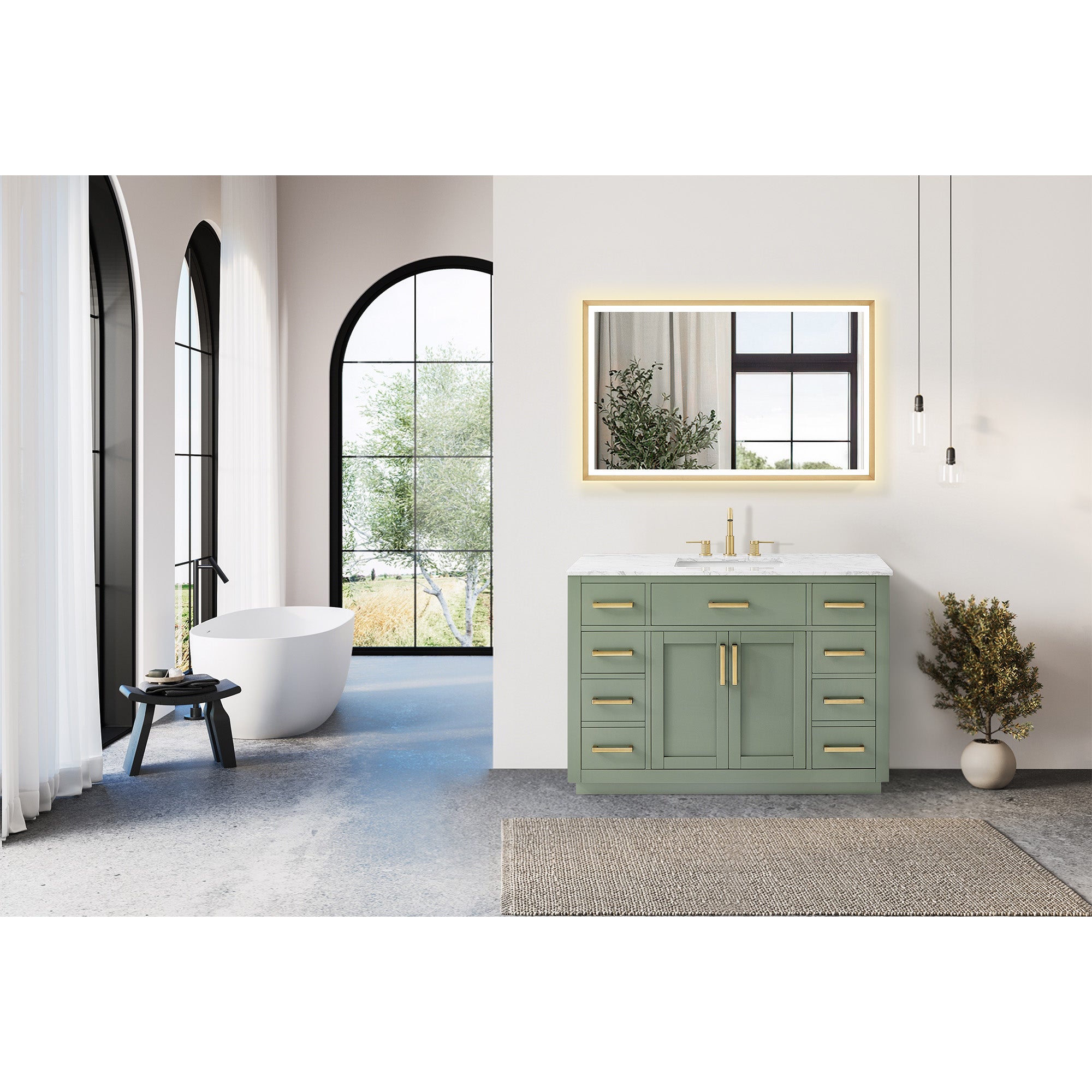 Ivy Bathroom Vanity Set in Vintage Green and Carrara White Marble Countertop No Mirror