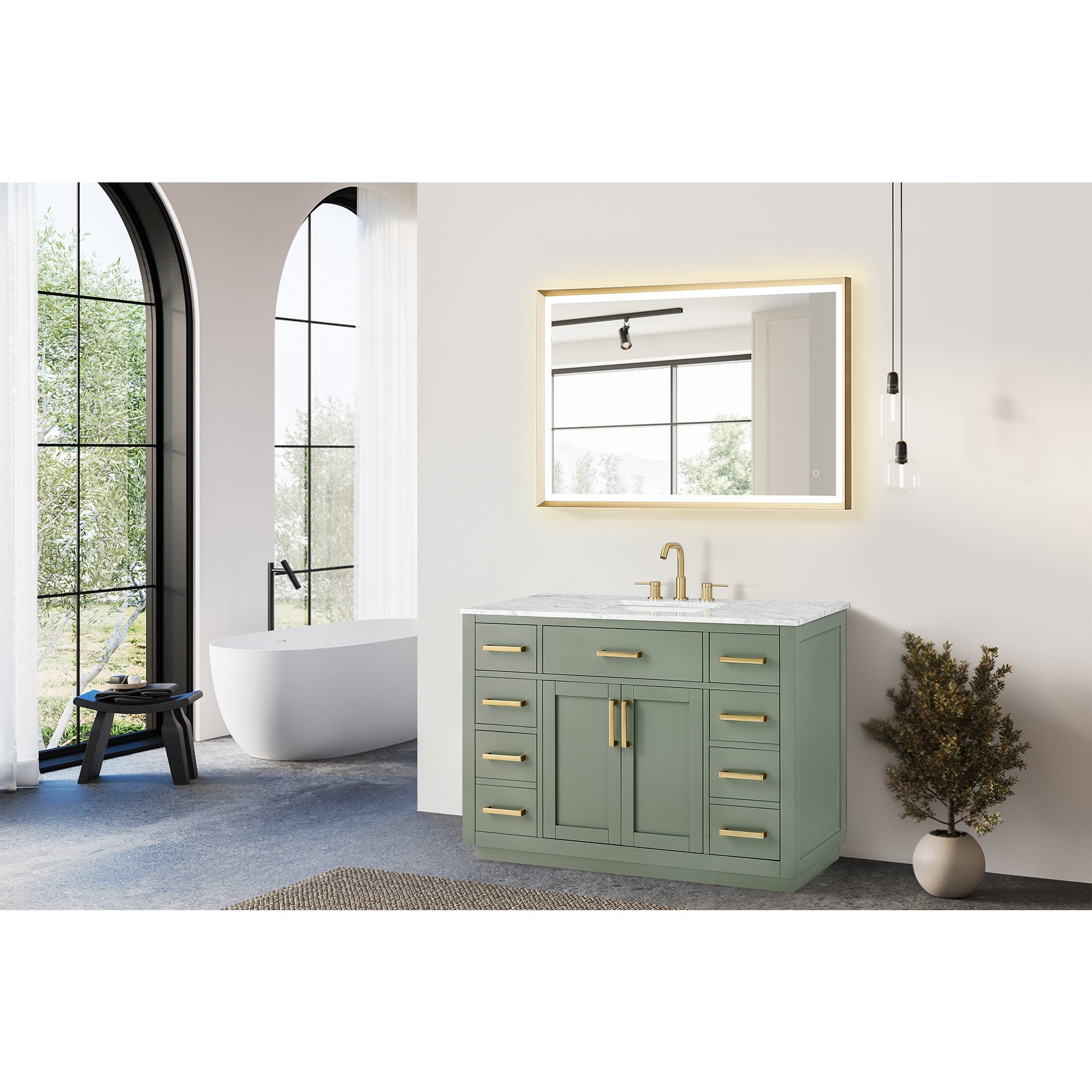 Ivy Bathroom Vanity Set in Vintage Green and Carrara White Marble Countertop No Mirror