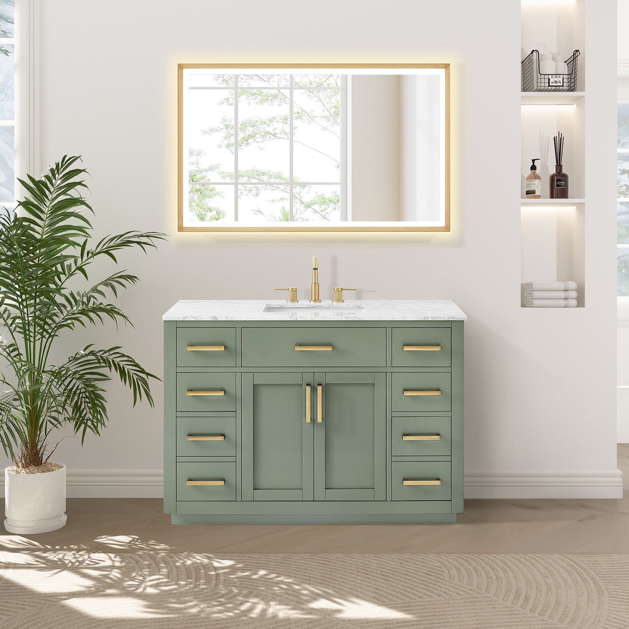Ivy Bathroom Vanity Set in Vintage Green and Carrara White Marble Countertop No Mirror