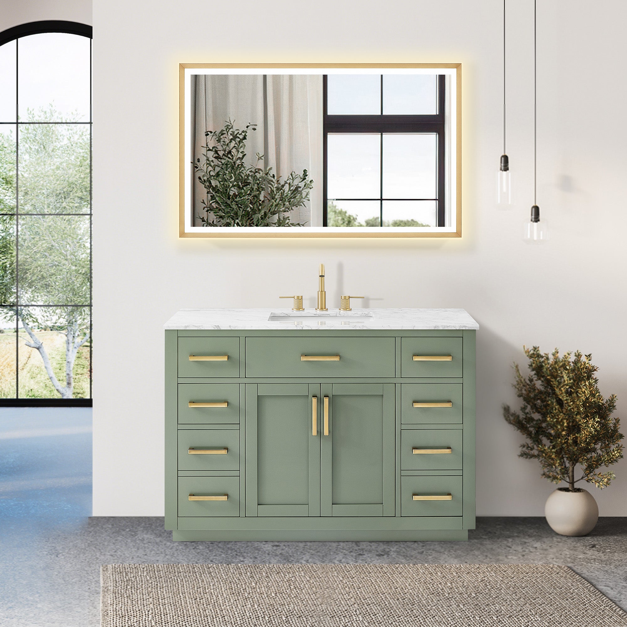Ivy Bathroom Vanity Set in Vintage Green and Carrara White Marble Countertop No Mirror