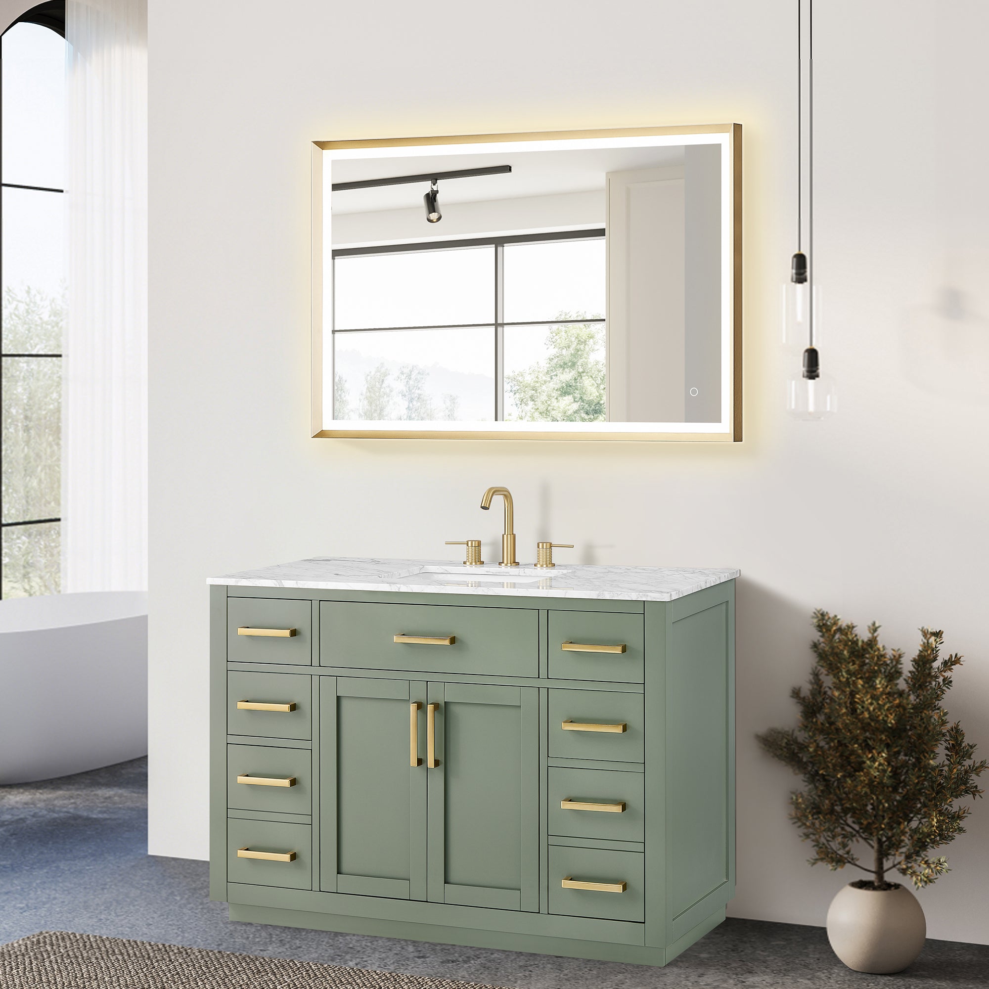Ivy Bathroom Vanity Set in Vintage Green and Carrara White Marble Countertop No Mirror