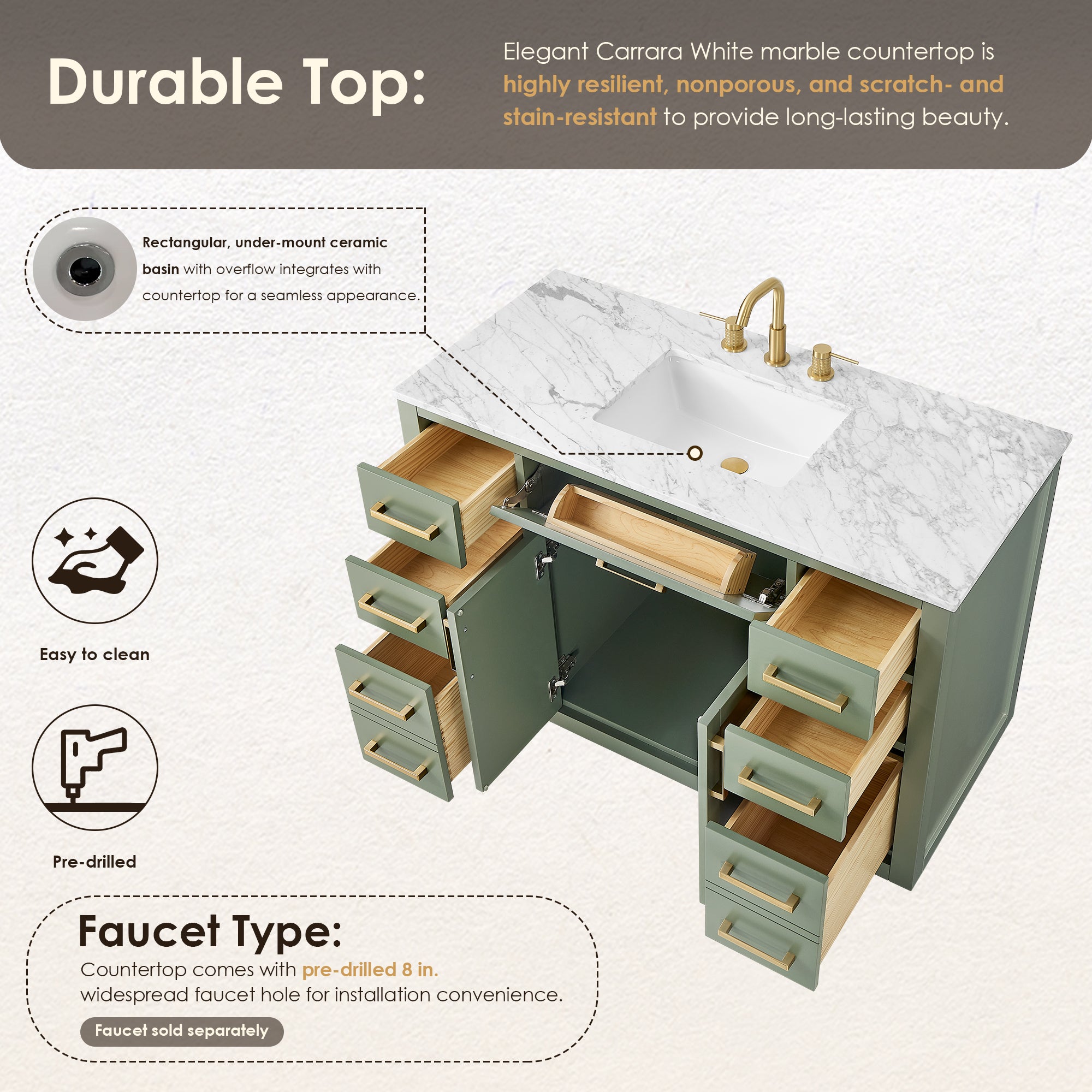 Ivy Bathroom Vanity Set in Vintage Green and Carrara White Marble Countertop No Mirror