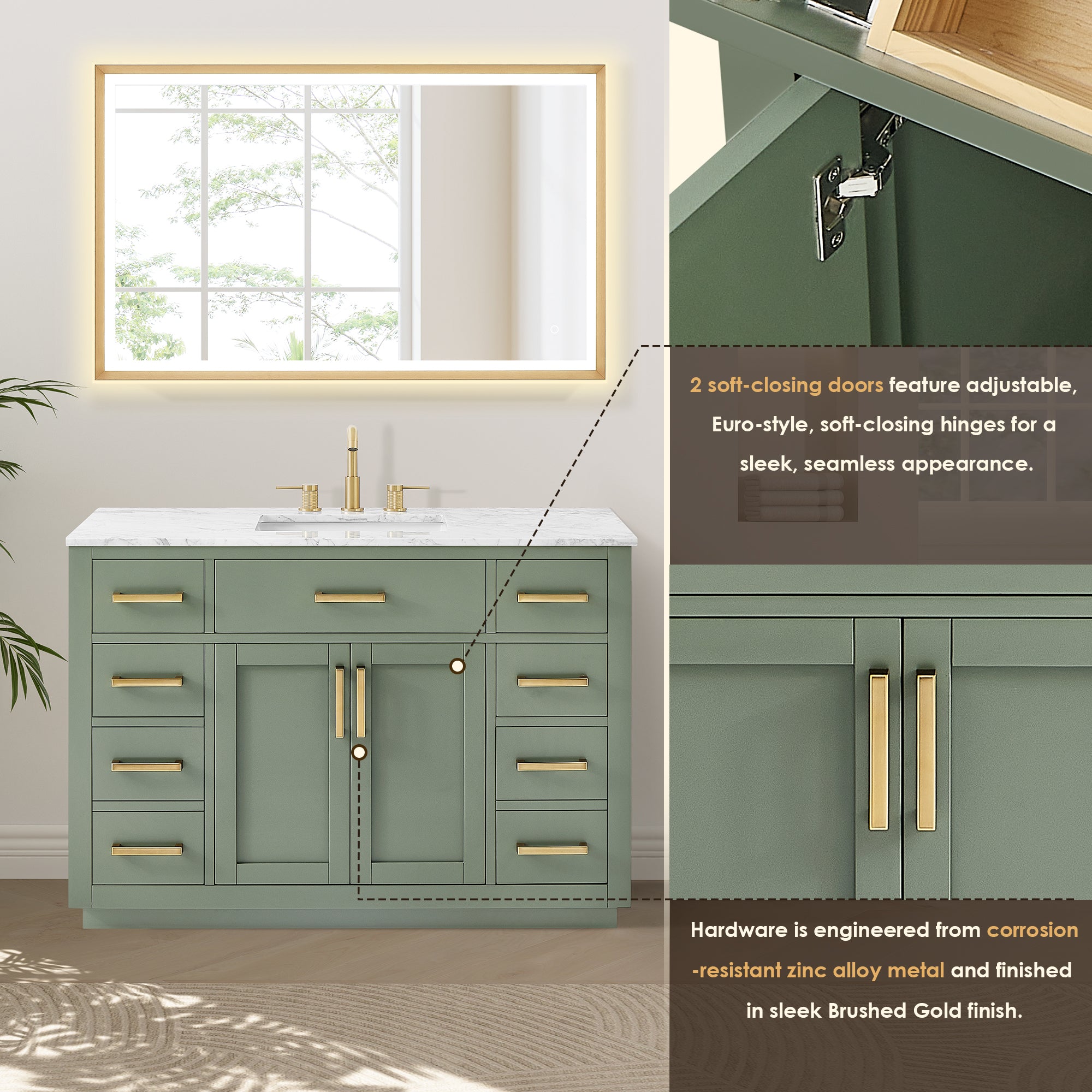 Ivy Bathroom Vanity Set in Vintage Green and Carrara White Marble Countertop No Mirror