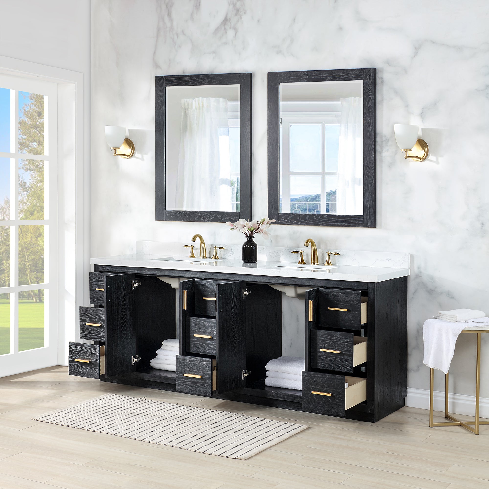 Gazsi 84" Double Bathroom Vanity Set with Grain White Engineered Stone Countertop