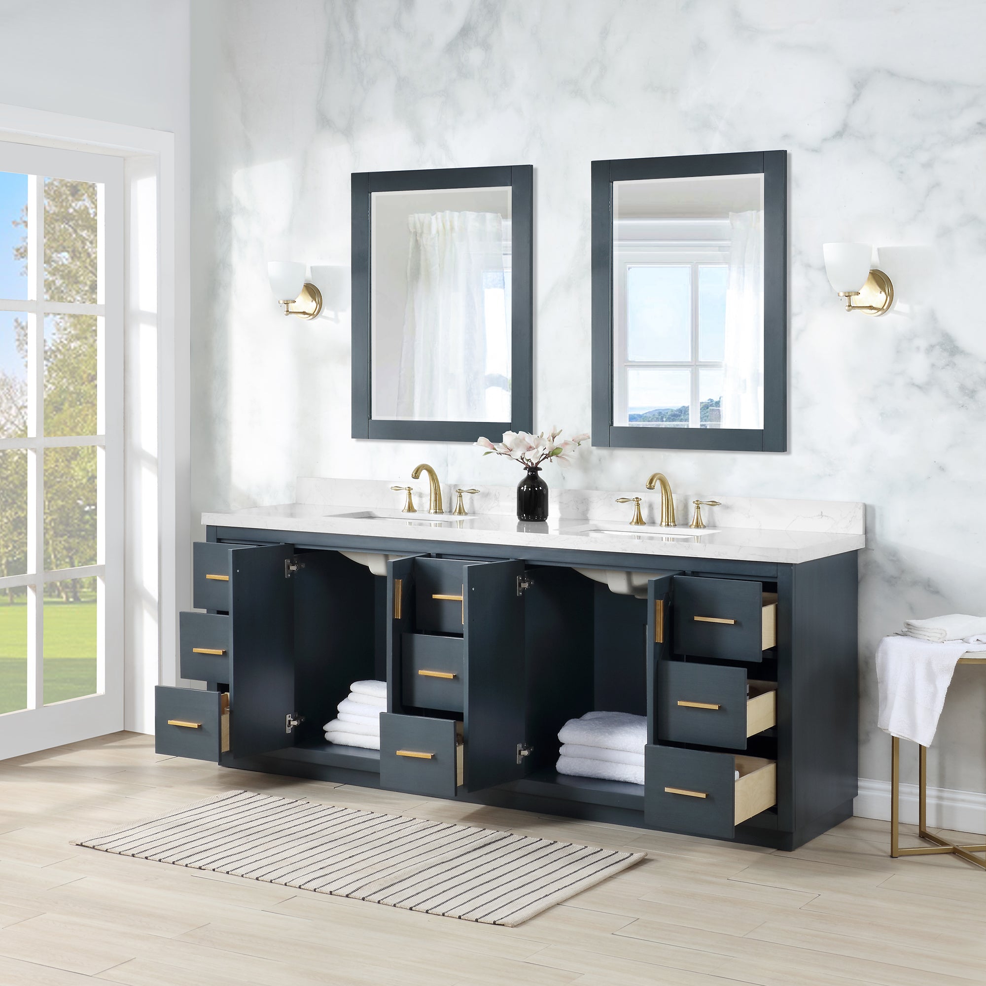 Gazsi 84" Double Bathroom Vanity Set with Grain White Engineered Stone Countertop