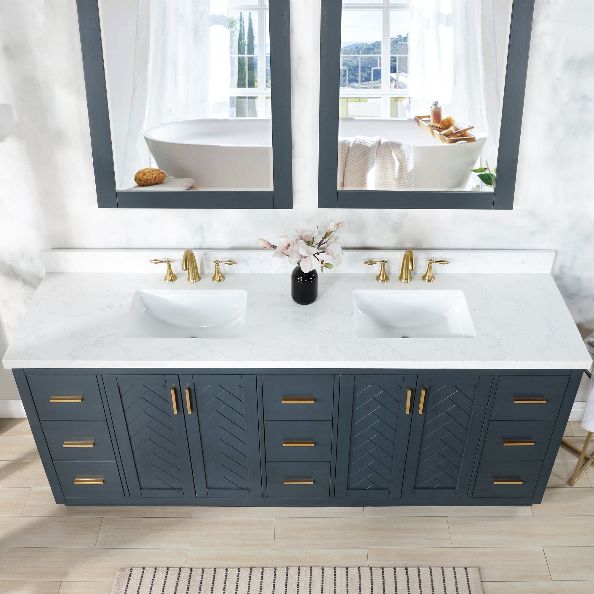 Gazsi 84" Double Bathroom Vanity Set with Grain White Engineered Stone Countertop