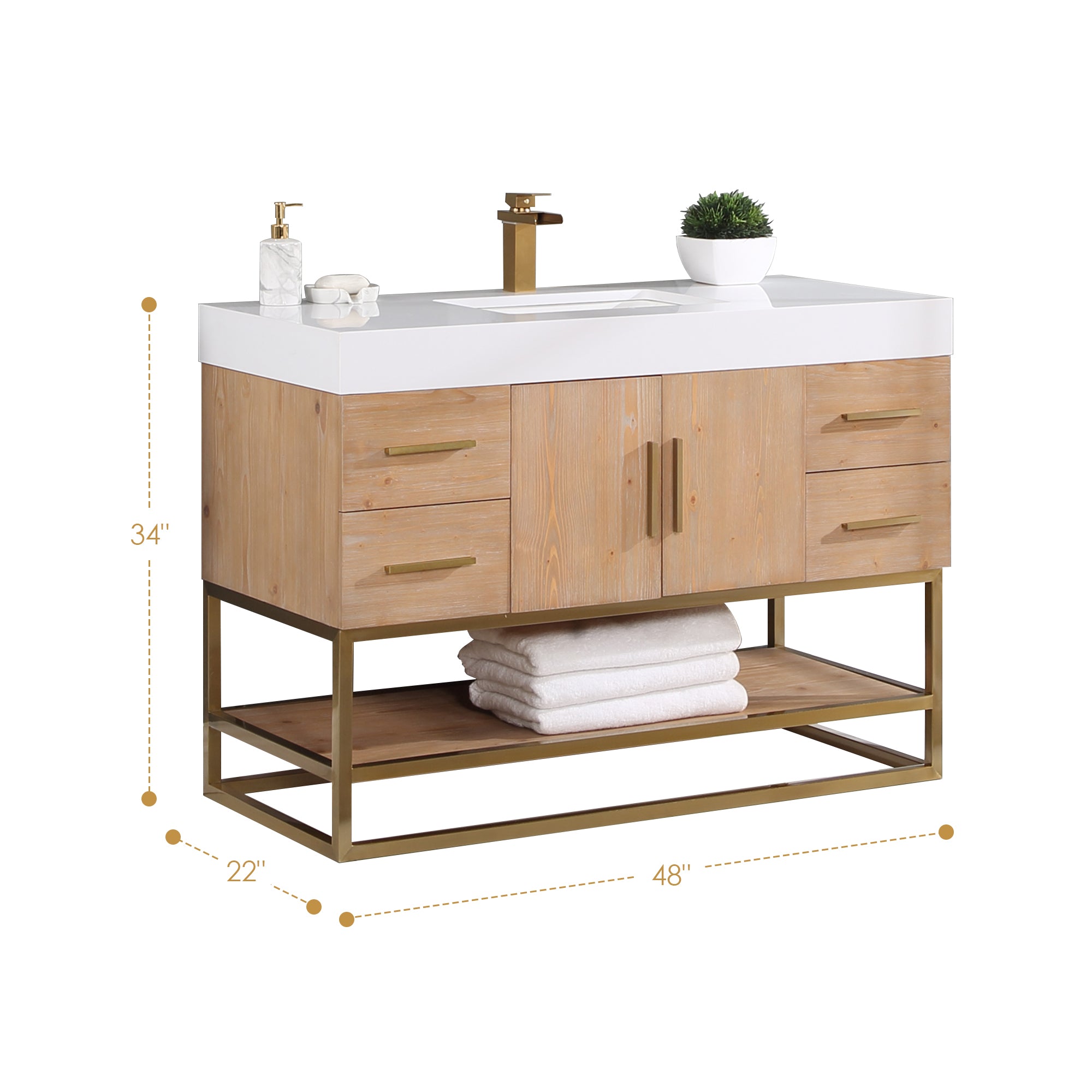 Bianco Single Bathroom Vanity in Light Brown with White Composite Stone Countertop