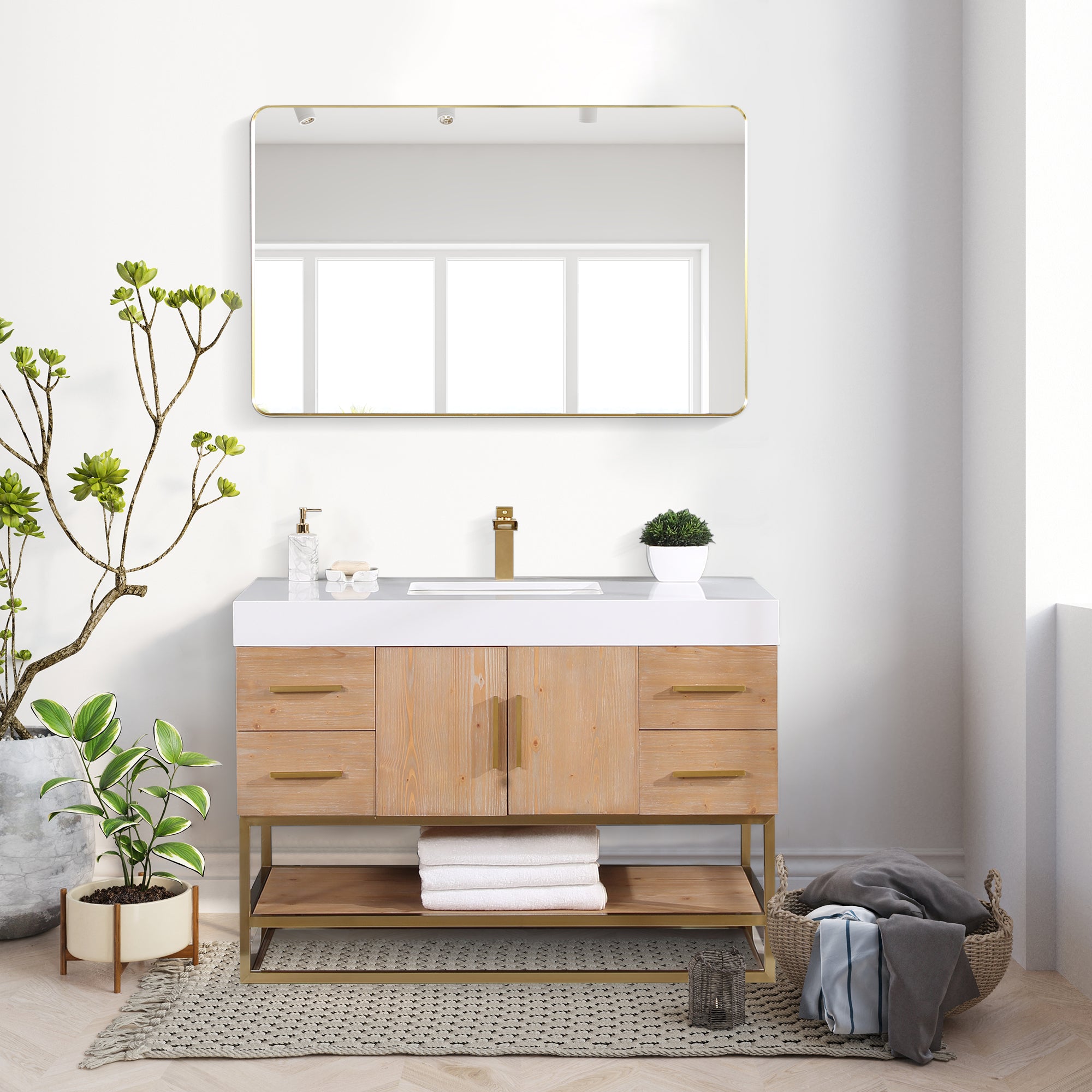 Bianco Single Bathroom Vanity in Light Brown with White Composite Stone Countertop