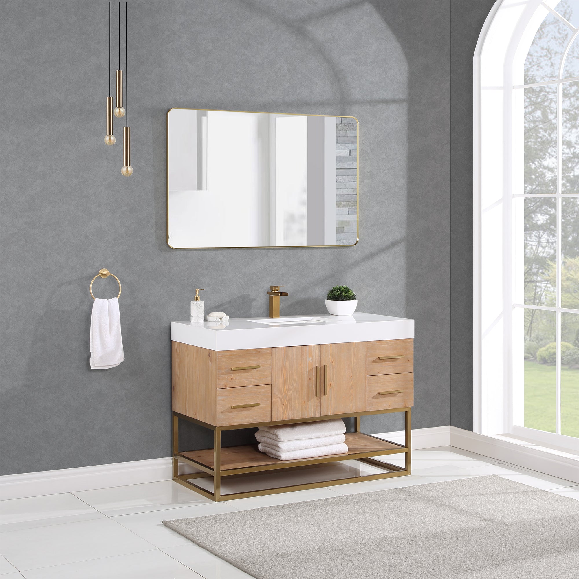 Bianco Single Bathroom Vanity in Light Brown with White Composite Stone Countertop