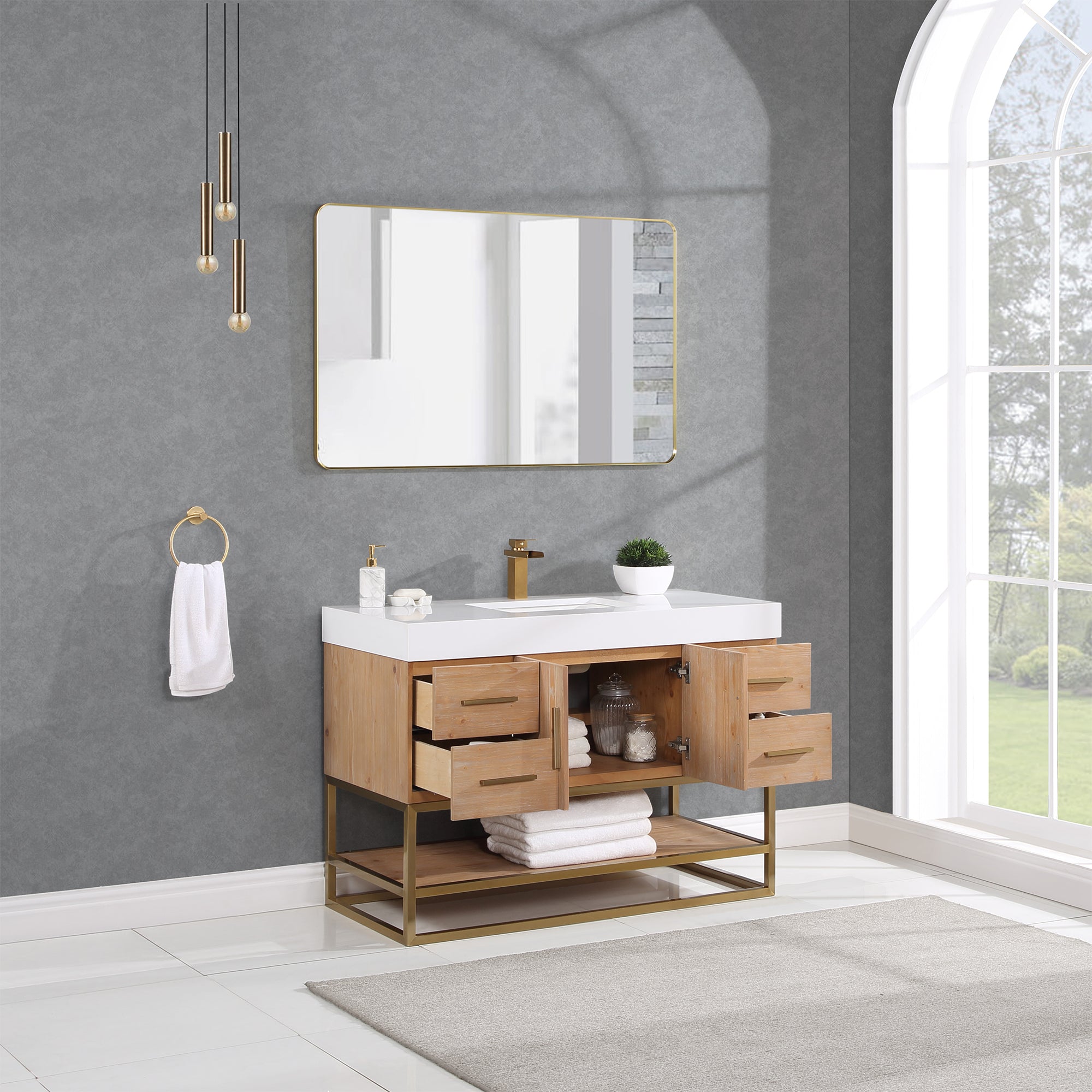 Bianco Single Bathroom Vanity in Light Brown with White Composite Stone Countertop