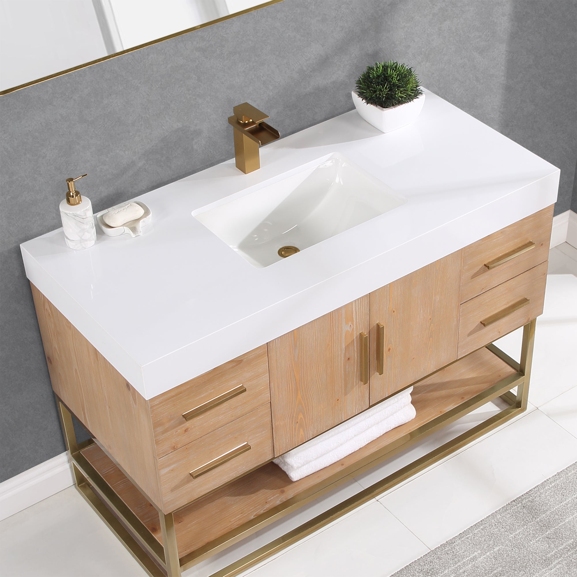 Bianco Single Bathroom Vanity in Light Brown with White Composite Stone Countertop