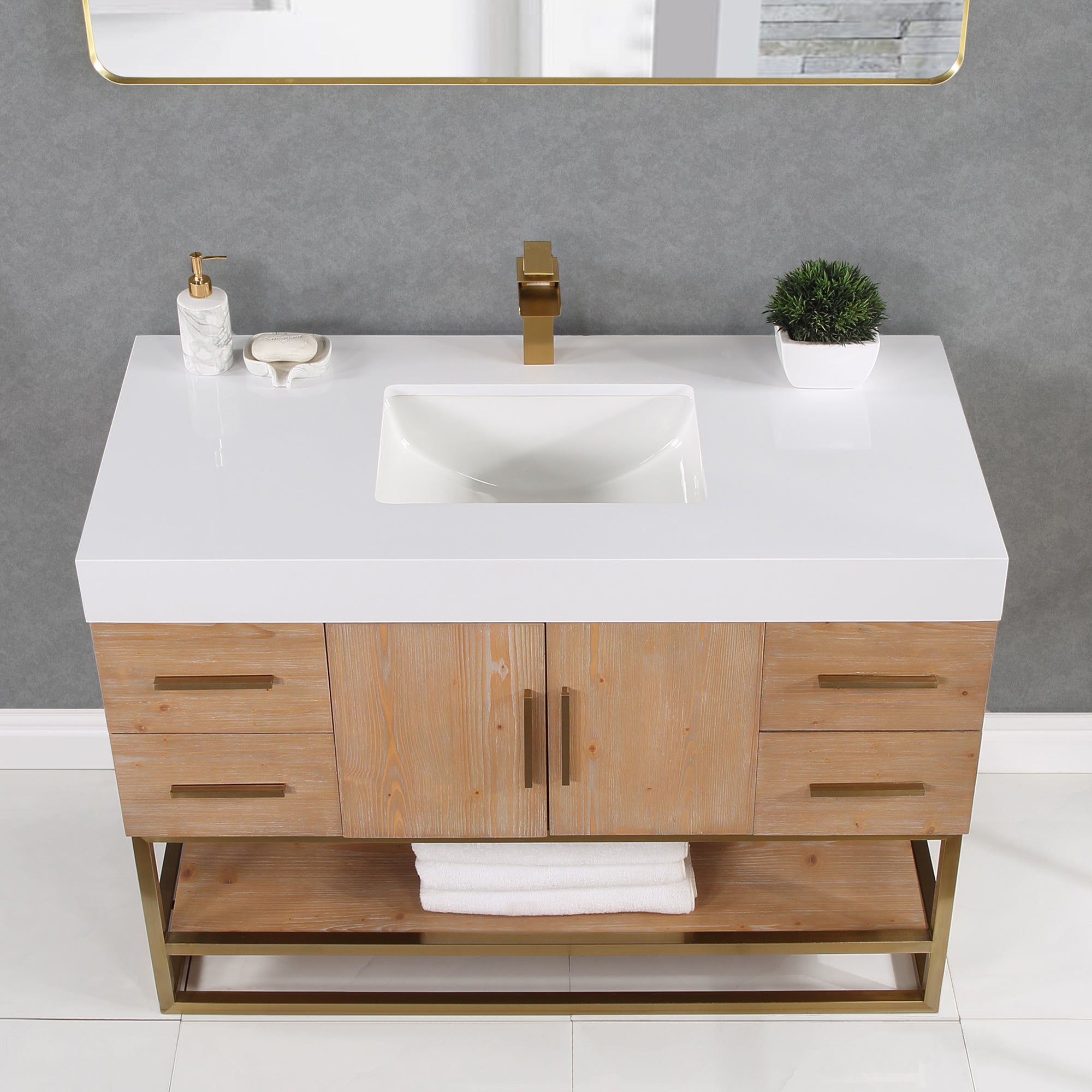 Bianco Single Bathroom Vanity in Light Brown with White Composite Stone Countertop