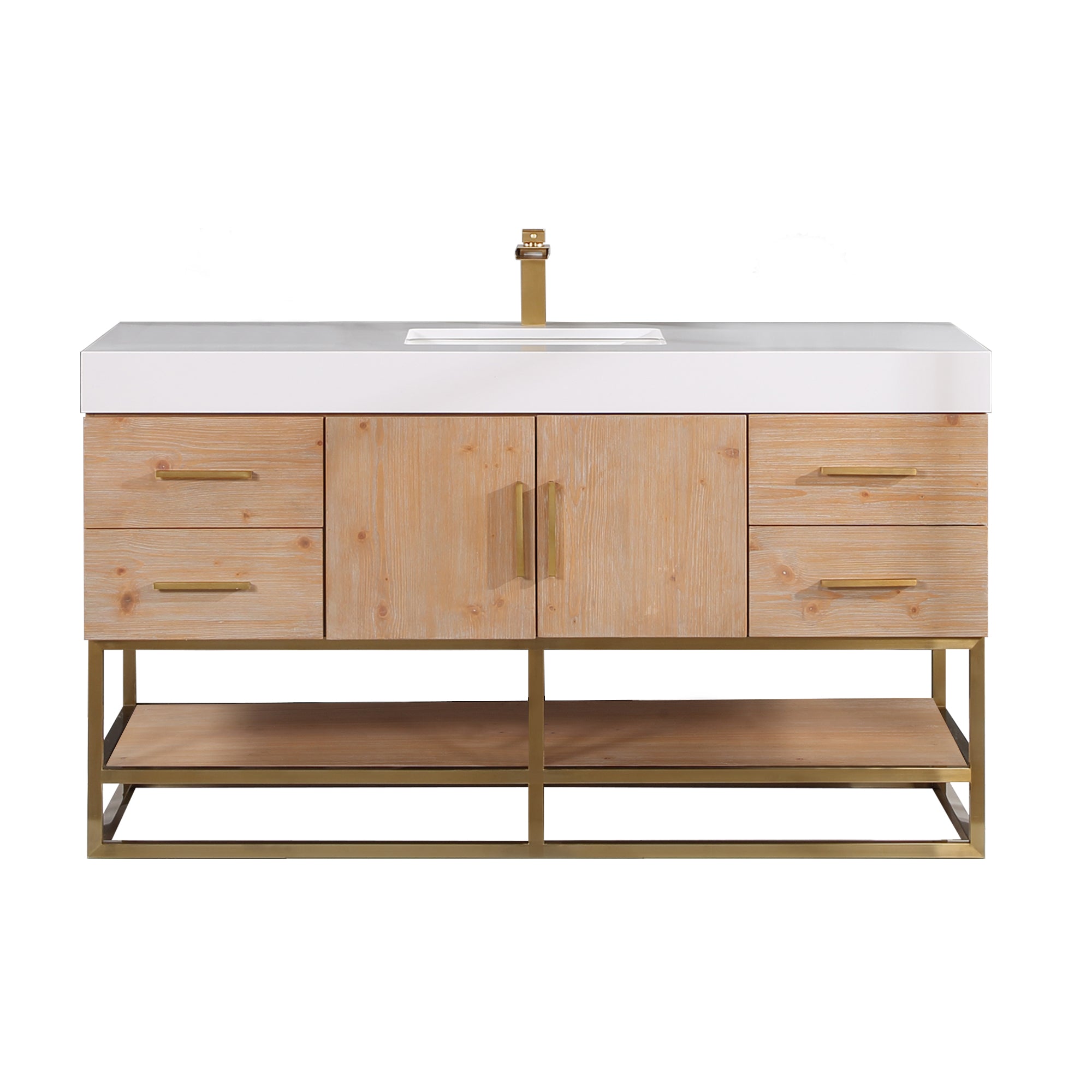 Bianco Single Bathroom Vanity in Light Brown with White Composite Stone Countertop