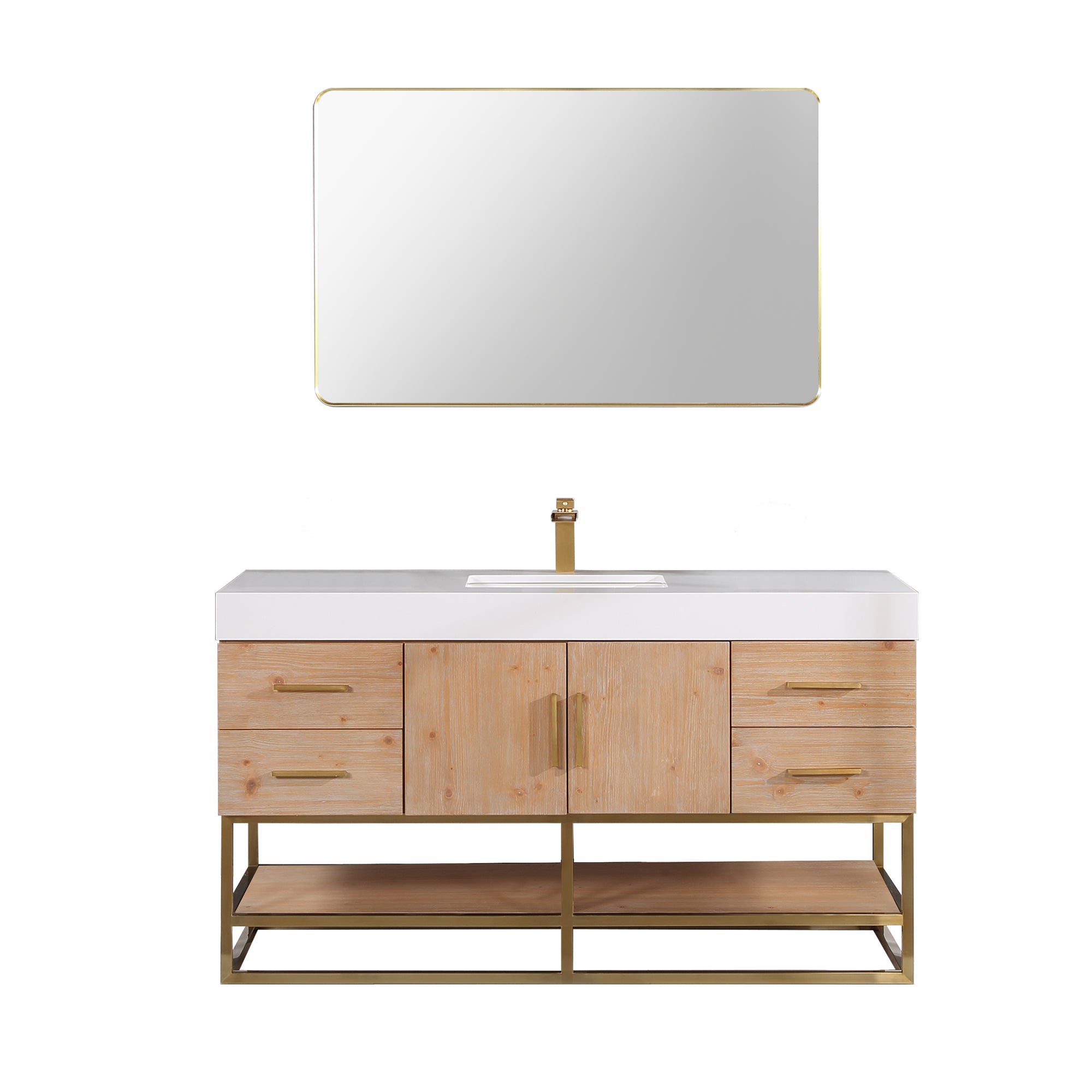 Bianco Single Bathroom Vanity in Light Brown with White Composite Stone Countertop