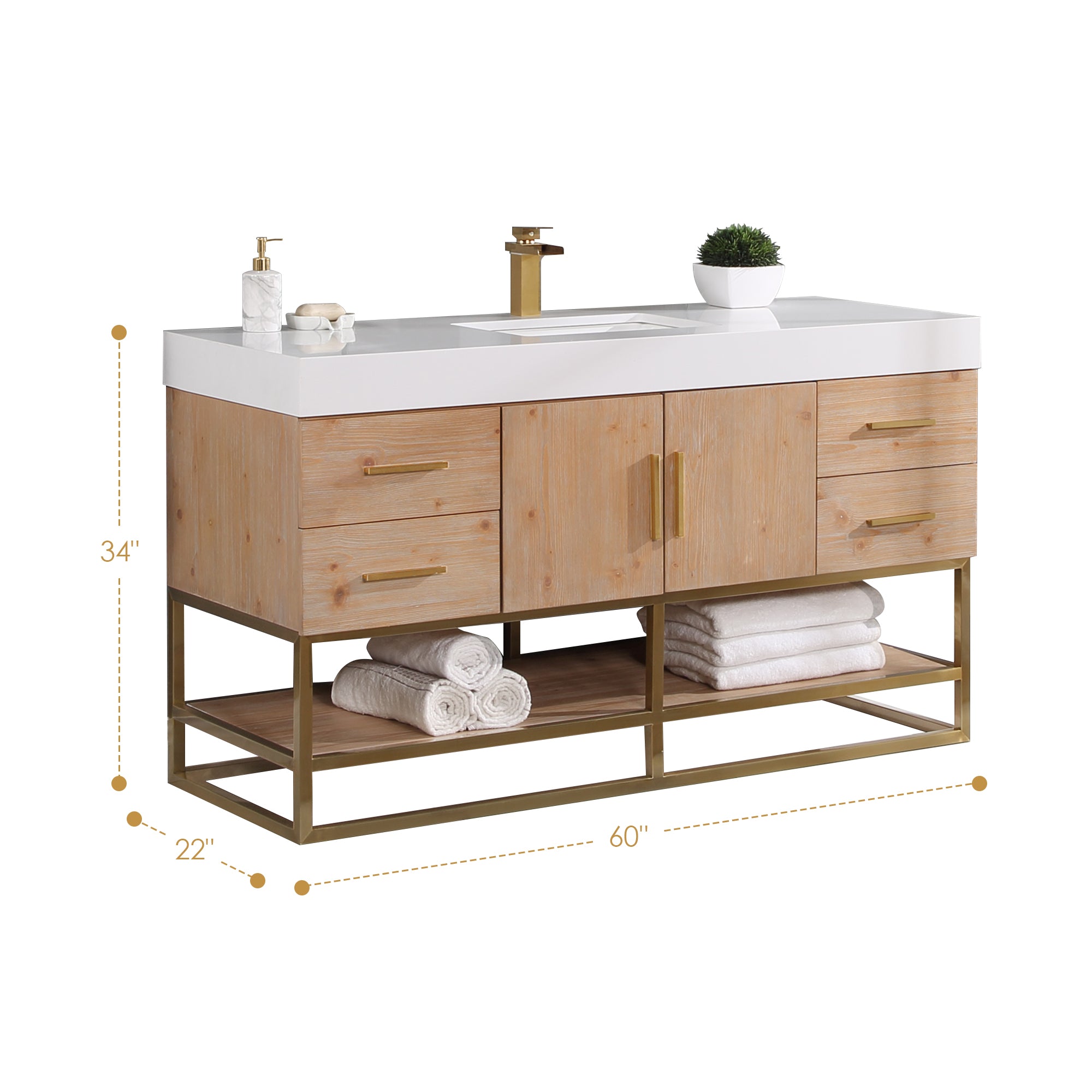 Bianco Single Bathroom Vanity in Light Brown with White Composite Stone Countertop