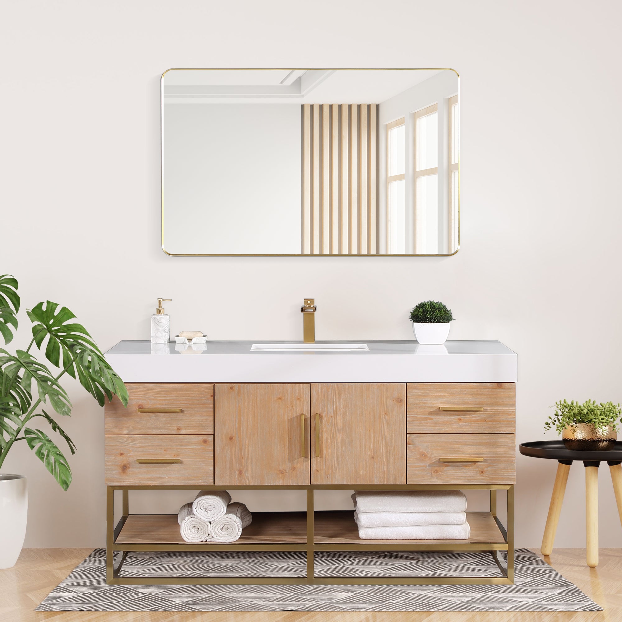 Bianco Single Bathroom Vanity in Light Brown with White Composite Stone Countertop