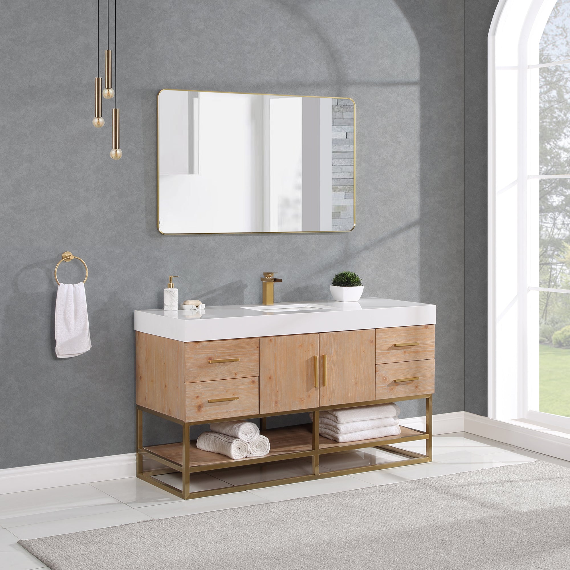 Bianco Single Bathroom Vanity in Light Brown with White Composite Stone Countertop