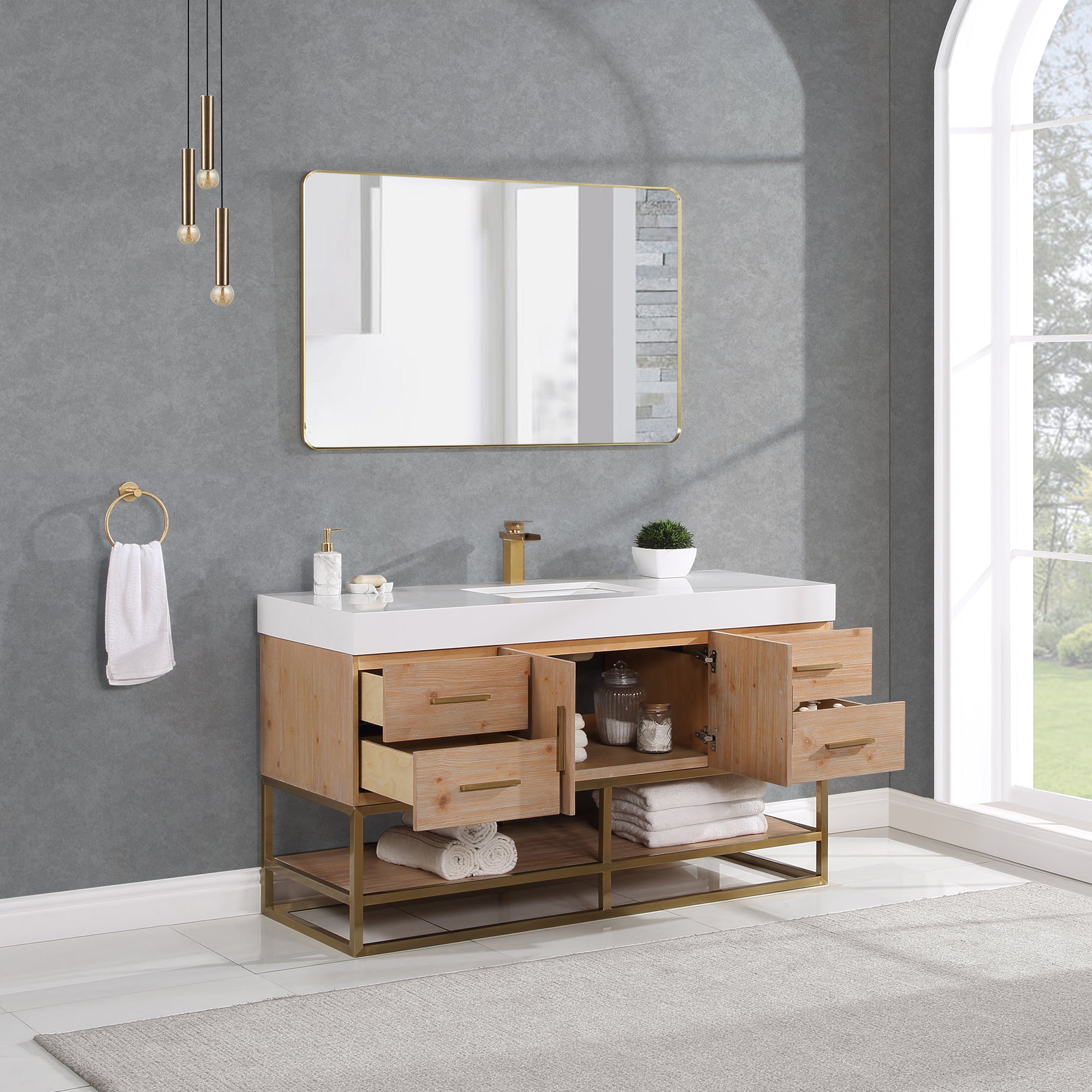 Bianco Single Bathroom Vanity in Light Brown with White Composite Stone Countertop