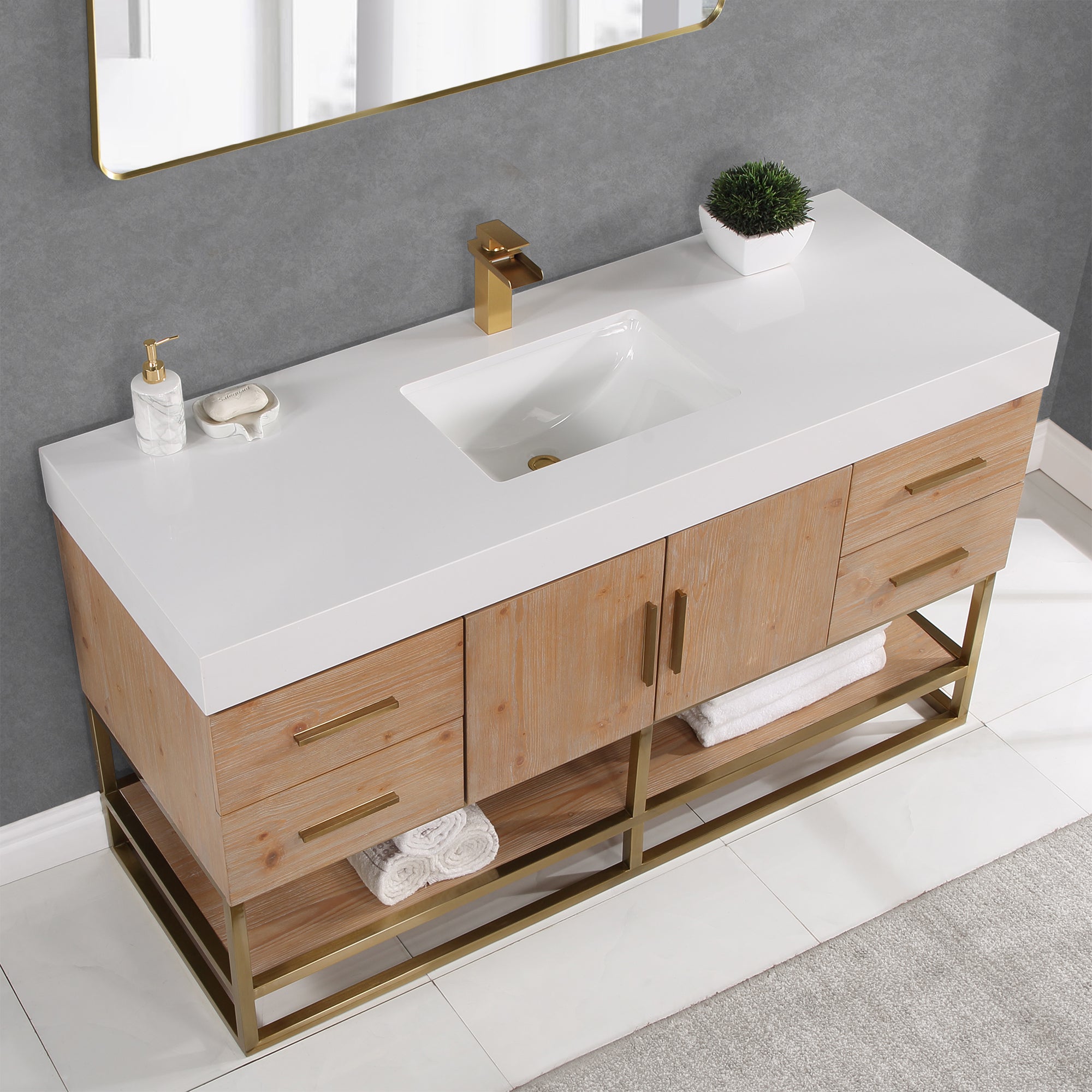 Bianco Single Bathroom Vanity in Light Brown with White Composite Stone Countertop