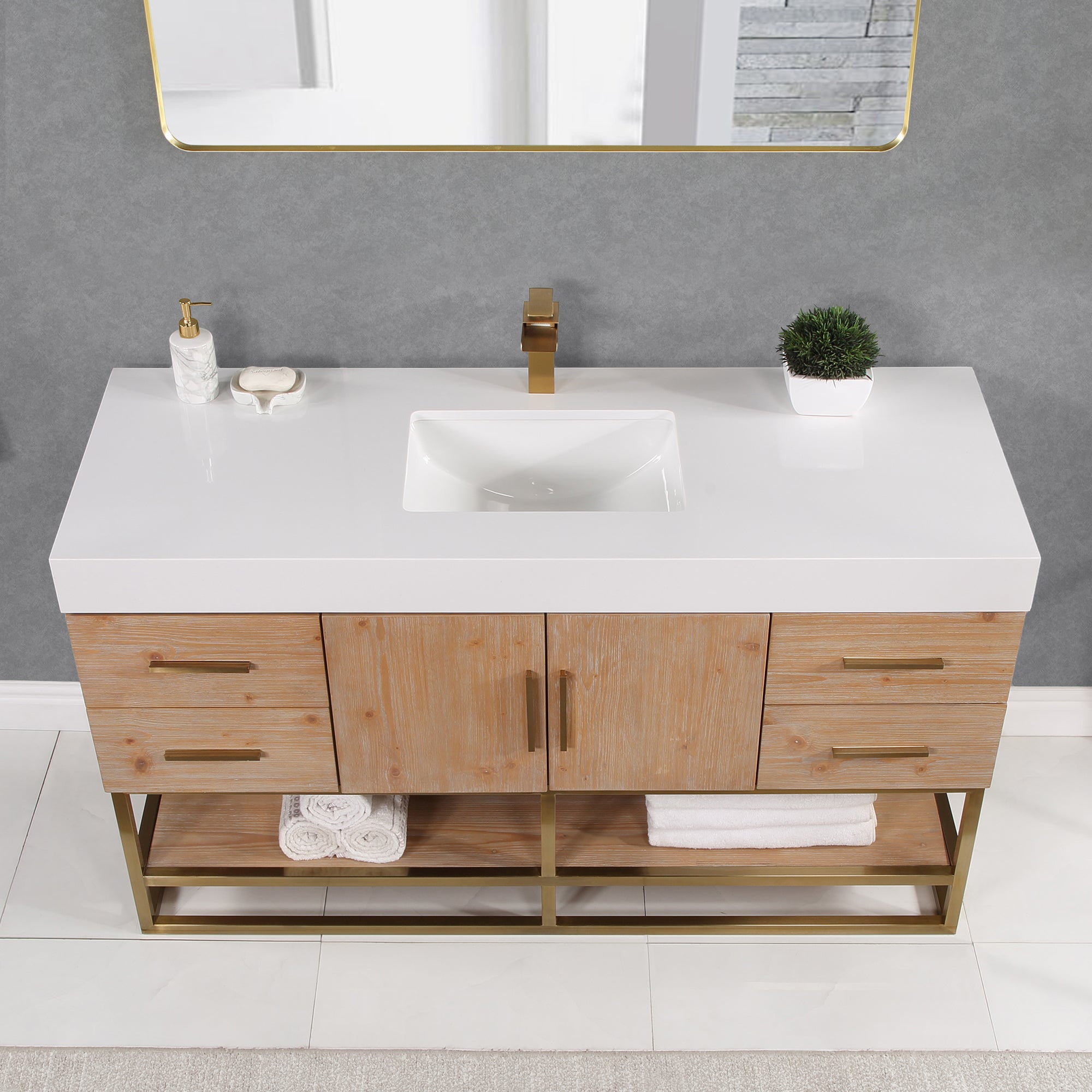 Bianco Single Bathroom Vanity in Light Brown with White Composite Stone Countertop