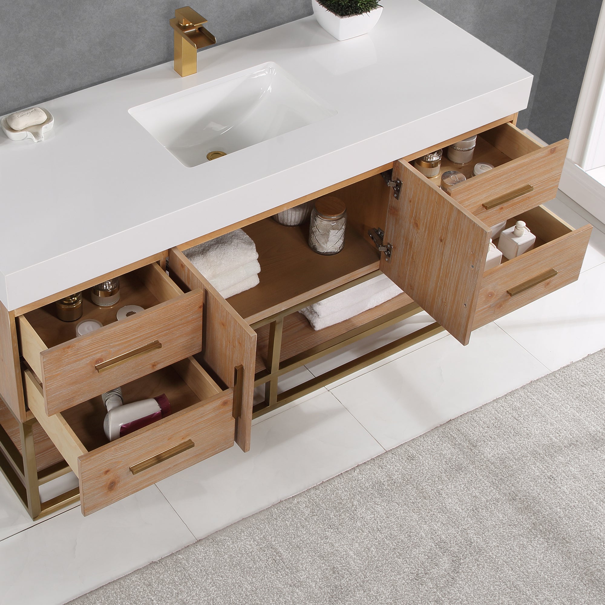 Bianco Single Bathroom Vanity in Light Brown with White Composite Stone Countertop