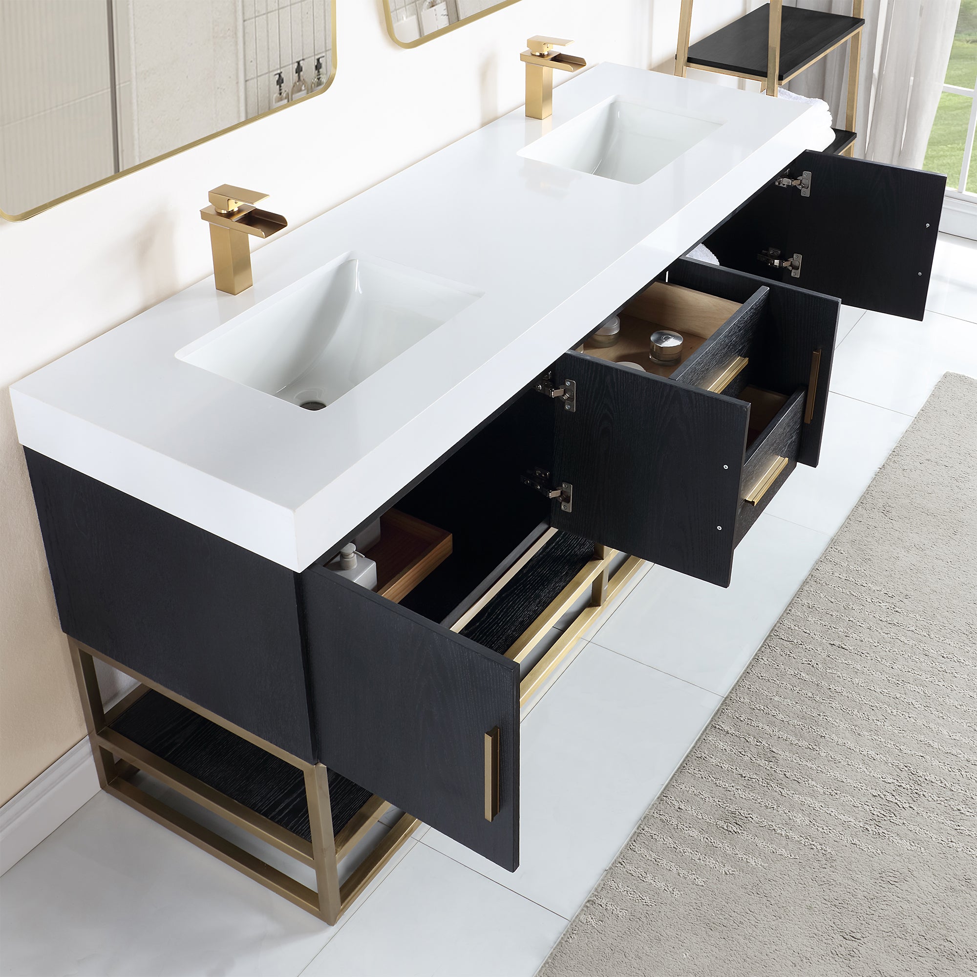 Bianco 72"/84" Double Bathroom Vanity in Black Oak with Engineered Stone Countertop